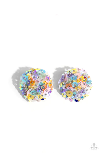 Corsage Character Multi Post Flower Earring - Paparazzi Accessories  Featuring a light iridescent sheen, a collection of multicolored flowers with silver stud centers explode around the ear to create a whimsical bouquet-inspired statement. Earring attaches to a standard post fitting.  Sold as one pair of post earrings.  Sku:  P5PO-MTXX-110XX