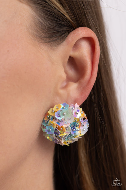 Corsage Character Multi Post Flower Earring - Paparazzi Accessories  Featuring a light iridescent sheen, a collection of multicolored flowers with silver stud centers explode around the ear to create a whimsical bouquet-inspired statement. Earring attaches to a standard post fitting.  Sold as one pair of post earrings.  Sku:  P5PO-MTXX-110XX
