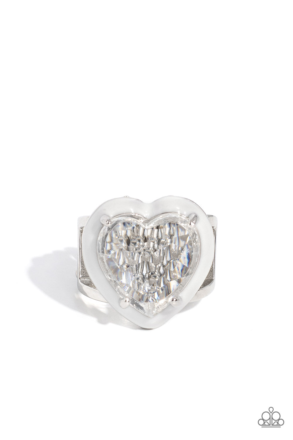 Hallmark Heart White Heart Ring - Paparazzi Accessories  A faceted crystal-like white heart gem is pressed into pronged-fittings atop airy silver bands. A border of white paint encircles the dazzling heart for a romantic centerpiece atop the finger. Features a stretchy band for a flexible fit.  Sold as one individual ring.  SKU: P4RE-WTXX-534XX