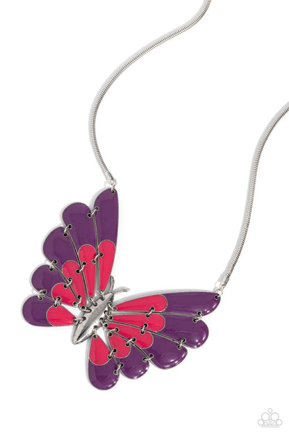 Moth Maven Purple Necklace - Paparazzi Accessories  Featuring hinged wings that gradually decrease in size, an oversized silver moth with Pink Peacock and plum spots of color glides along a sleek silver chain for a whimsical statement. Features an adjustable clasp closure.  Sold as one individual necklace. Includes one pair of matching earrings.  Sku:  P2ST-PRXX-159XX