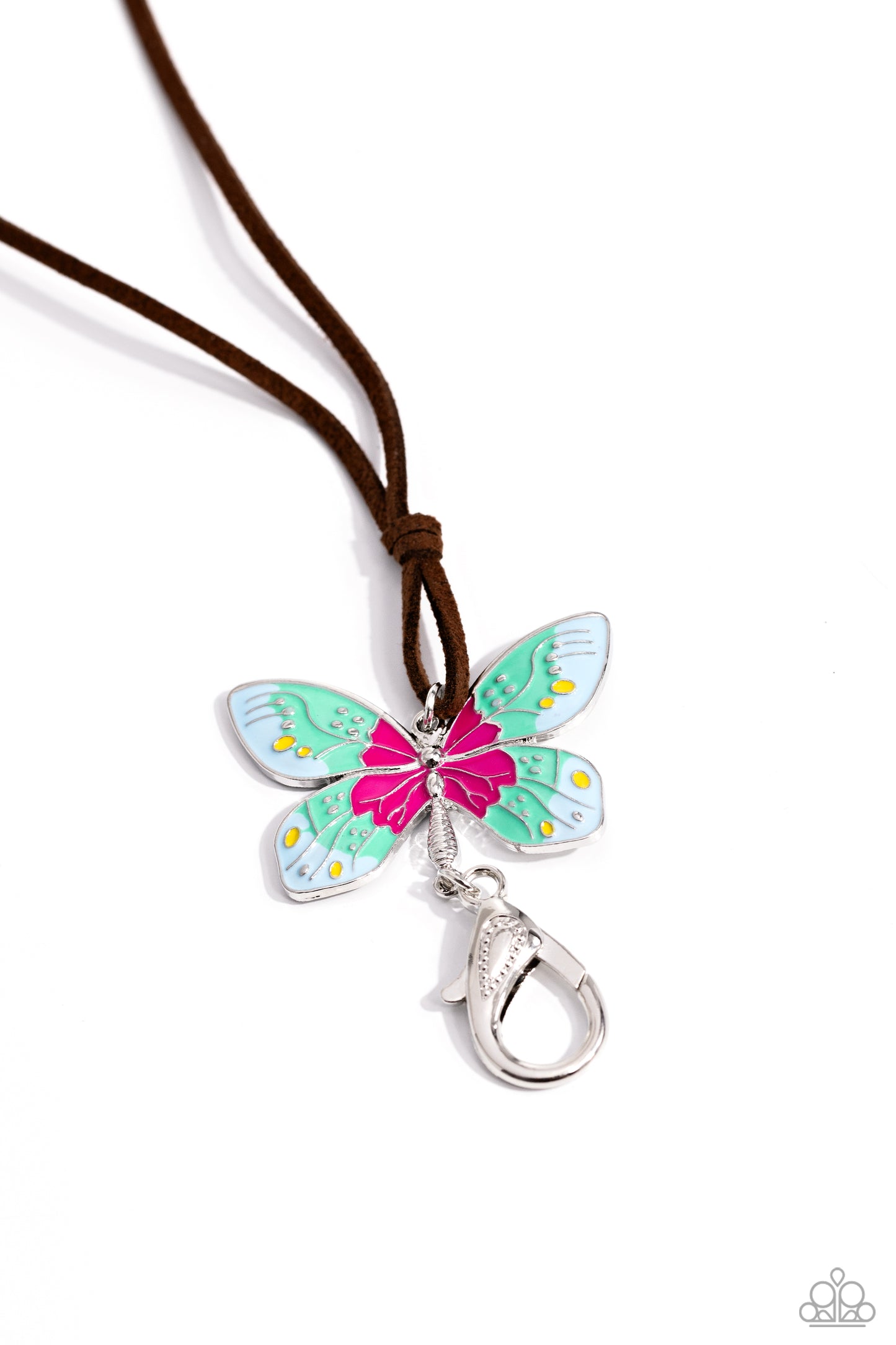 Winged Wanderer Blue Butterfly Lanyard - Paparazzi Accessories  Featuring an ombre effect of light blue to turquoise to hot pink and accents of yellow, a vivacious oversized butterfly flutters at the bottom of a knotted lengthened strand of brown suede for a wanderlust statement. A lobster clasp hangs from the bottom of the design to allow a name badge or other item to be attached. Features an adjustable tie closure. Sku:  P2LN-BLXX-126XX