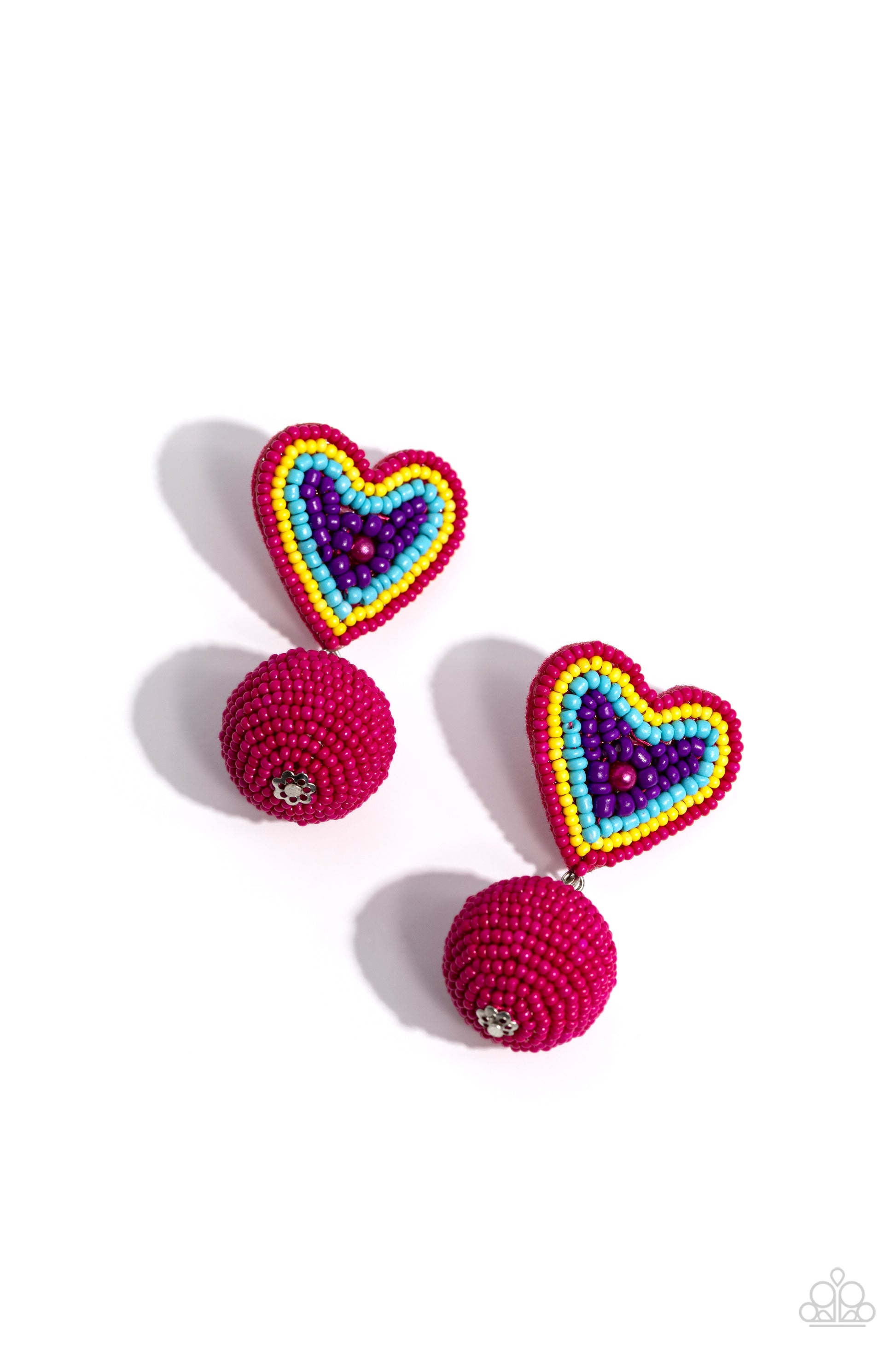 Spherical Sweethearts Multi Seed Bead Heart Post Earring - Paparazzi Accessories  Featuring a hot pink pearl center, a hot pink, yellow, turquoise, and purple seed bead heart frame gives way to strands of hot pink seed beads that decoratively spin around a spherical frame, resulting in a colorful three-dimensional display. Earring attaches to a standard post fitting.  Sold as one pair of post earrings.  P5PO-MTXX-106XX