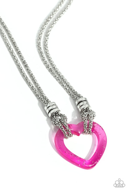 Lead with Your Heart Pink Necklace - Paparazzi Accessories  Featuring a double-layered display of silver popcorn chain, a silver-flecked pink acrylic heart frame cascades down the neckline. Infused atop the acrylic heart, a trio of high-sheen silver rings adorns the layered chains for an industrial finish. Features an adjustable clasp closure.  Sold as one individual necklace. Includes one pair of matching earrings.  P2SE-PKXX-257XX