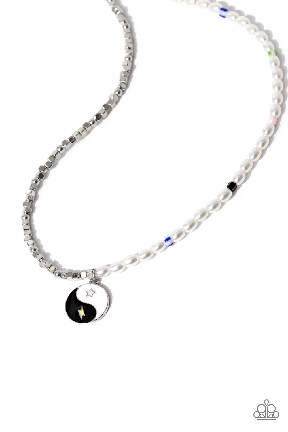 Youthful Yin and Yang Black Necklace - Paparazzi Accessories  A strand of oval white pearls, sporadically infused with multicolored-striped beads, collides with cubed silver beads and studs to create an abstract blend of elegance and sheen. A yin-yang charm featuring white and black accents and star and Kohlrabi lightning bolt symbols dangles from the bottom of the contrasting design for the perfect balance of color. Features an adjustable clasp closure. P2DA-BKXX-191XX