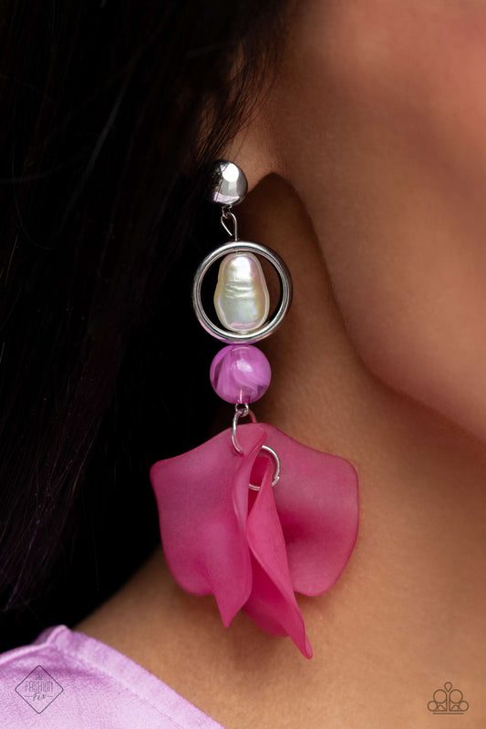 Lush Limit Pink Post Earring - Paparazzi Accessories  A silver stud gives way to a silver hoop with an iridescent-dipped baroque pearl center. A cloudy Radiant Orchid bead dangles below the ring while a collection of curved, Viva Magenta matte petals cluster into a whimsical lure for a colorful finish. Earring attaches to a standard fishhook fitting. Due to its prismatic palette, color may vary.  Sold as one pair of post earrings.  Sku:  P5PO-PKXX-109SB
