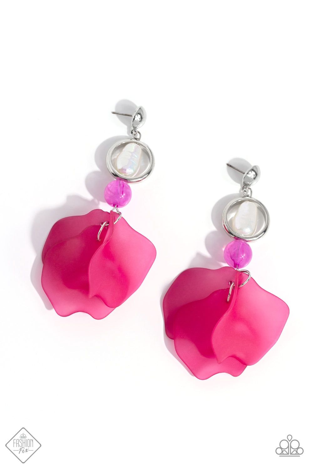 Lush Limit Pink Post Earring - Paparazzi Accessories  A silver stud gives way to a silver hoop with an iridescent-dipped baroque pearl center. A cloudy Radiant Orchid bead dangles below the ring while a collection of curved, Viva Magenta matte petals cluster into a whimsical lure for a colorful finish. Earring attaches to a standard fishhook fitting. Due to its prismatic palette, color may vary.  Sold as one pair of post earrings.  Sku:  P5PO-PKXX-109SB