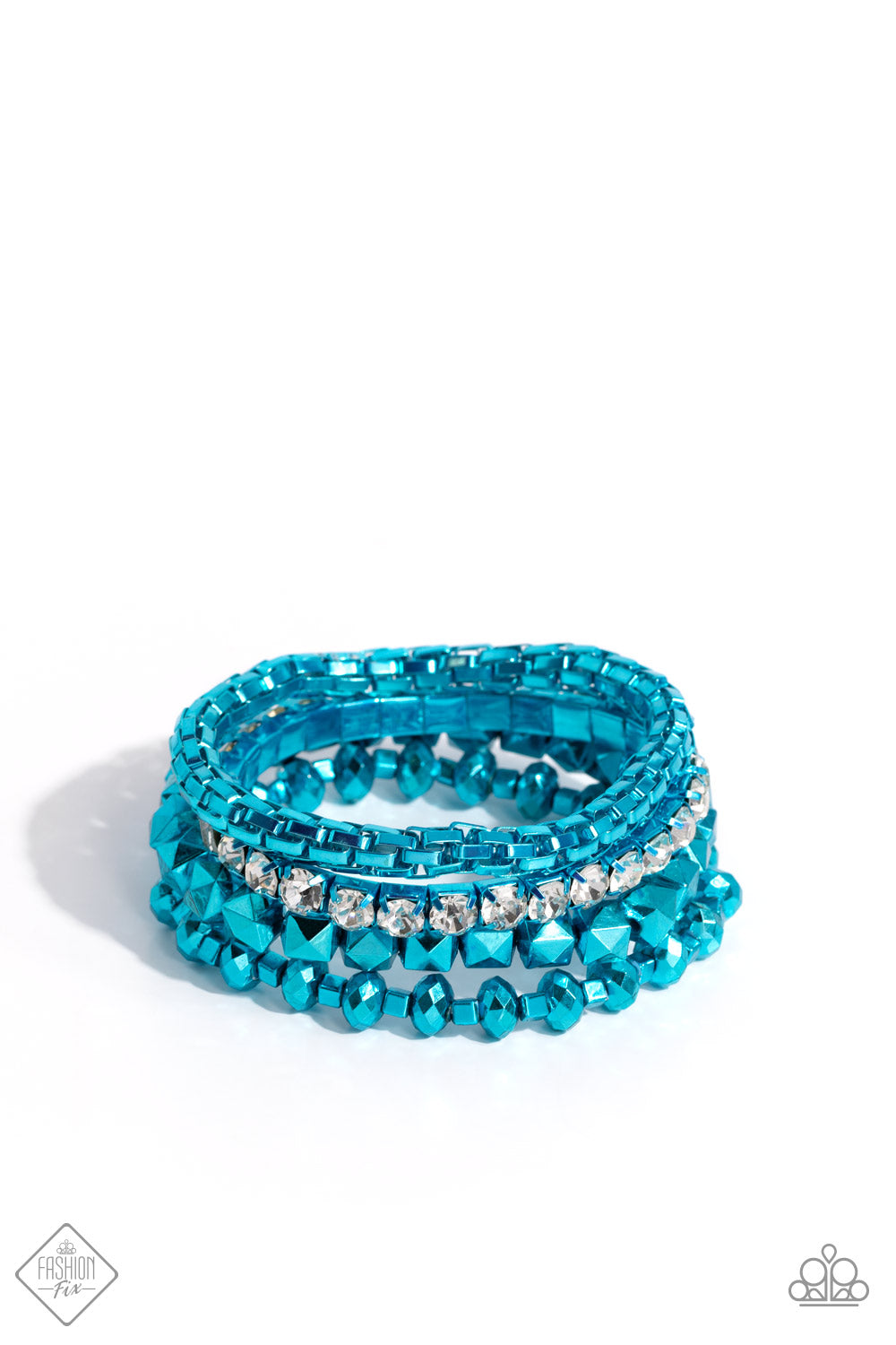 Punk Pattern Blue Stretch Bracelet - Paparazzi Accessories  Featuring a metallic blue hue, a collection of faceted beaded strands, a rounded box chain strand, and white rhinestones pressed in metallic blue fittings coalesce around the wrist for a punk-inspired stack.  Sold as one set of four bracelets.  Sku:  P9ED-BLXX-040SF