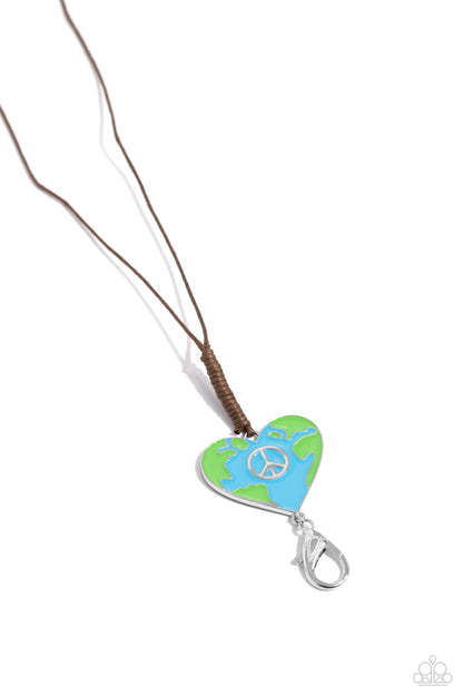 Earthy Evolution Blue Lanyard - Paparazzi Accessories  Featuring a silver peace sign center, a heart frame painted in an earth motif in Classic Green and blue hues is knotted in place at the bottom of a lengthened brown cord for a seasonal flair. A lobster clasp hangs from the bottom of the design to allow a name badge or other item to be attached. Features an adjustable sliding knot closure.  Sold as one individual lanyard. Includes one pair of matching earrings.  Sku:  P2LN-BLXX-127XX