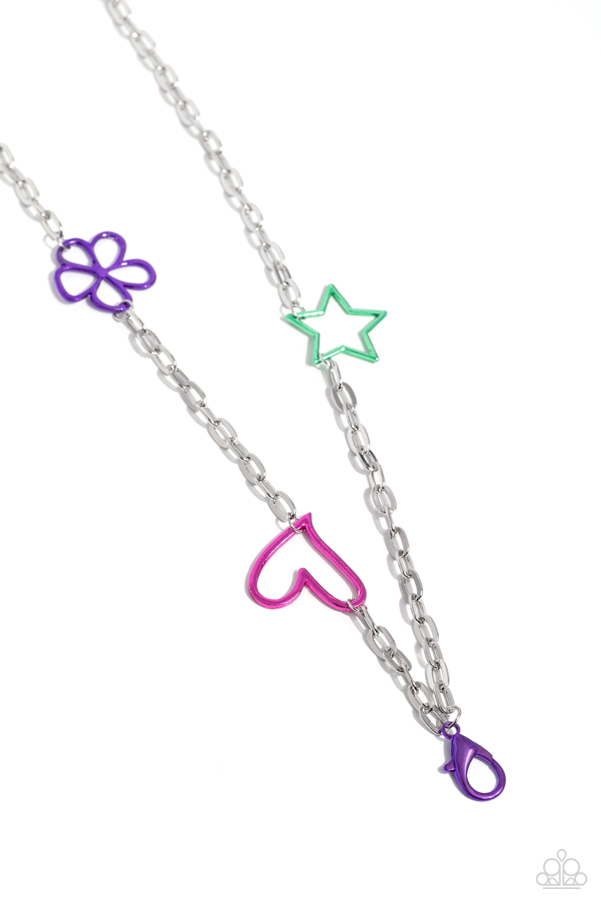 Shape the Future Purple Lanyard - Paparazzi Accessories  Infused along an elongated silver paperclip chain, a metallic-dipped green star, purple flower, and pink heart all lead the eye down the chest for a youthful finish. A metallic purple lobster clasp hangs from the bottom of the design to allow a name badge or other item to be attached. Features an adjustable clasp closure.  Sold as one individual lanyard. Includes one pair of matching earrings.  P2LN-PRXX-026XX
