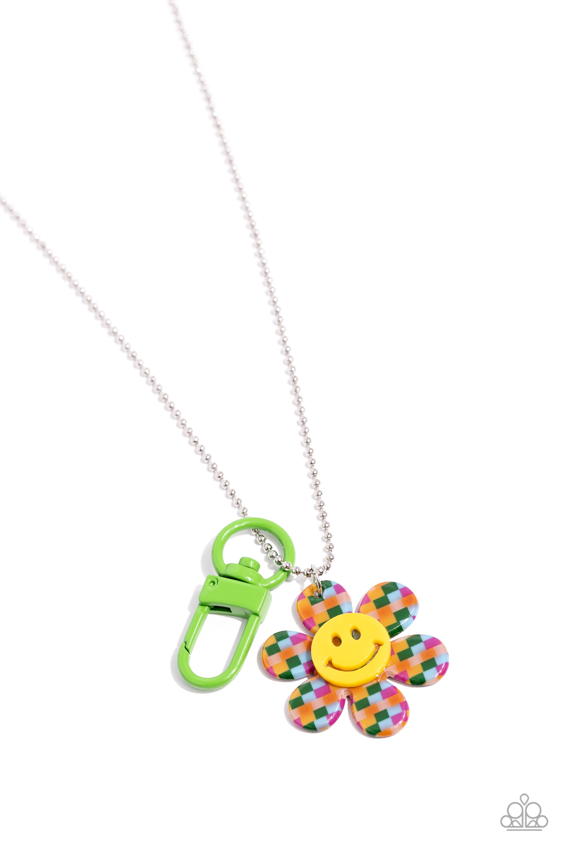 Take A HOOK At Me Now Multi Smiley Face Lanyard - Paparazzi Accessories  Radiating with a multicolored checkerboard pattern, a yellow smiley face floral frame swings next to a Classic Green lanyard hook from an elongated silver ball chain, creating an optimistic-inspired statement below the collar. A lobster clasp hangs from the bottom of the design to allow a name badge or other item to be attached. Features an adjustable clasp closure.