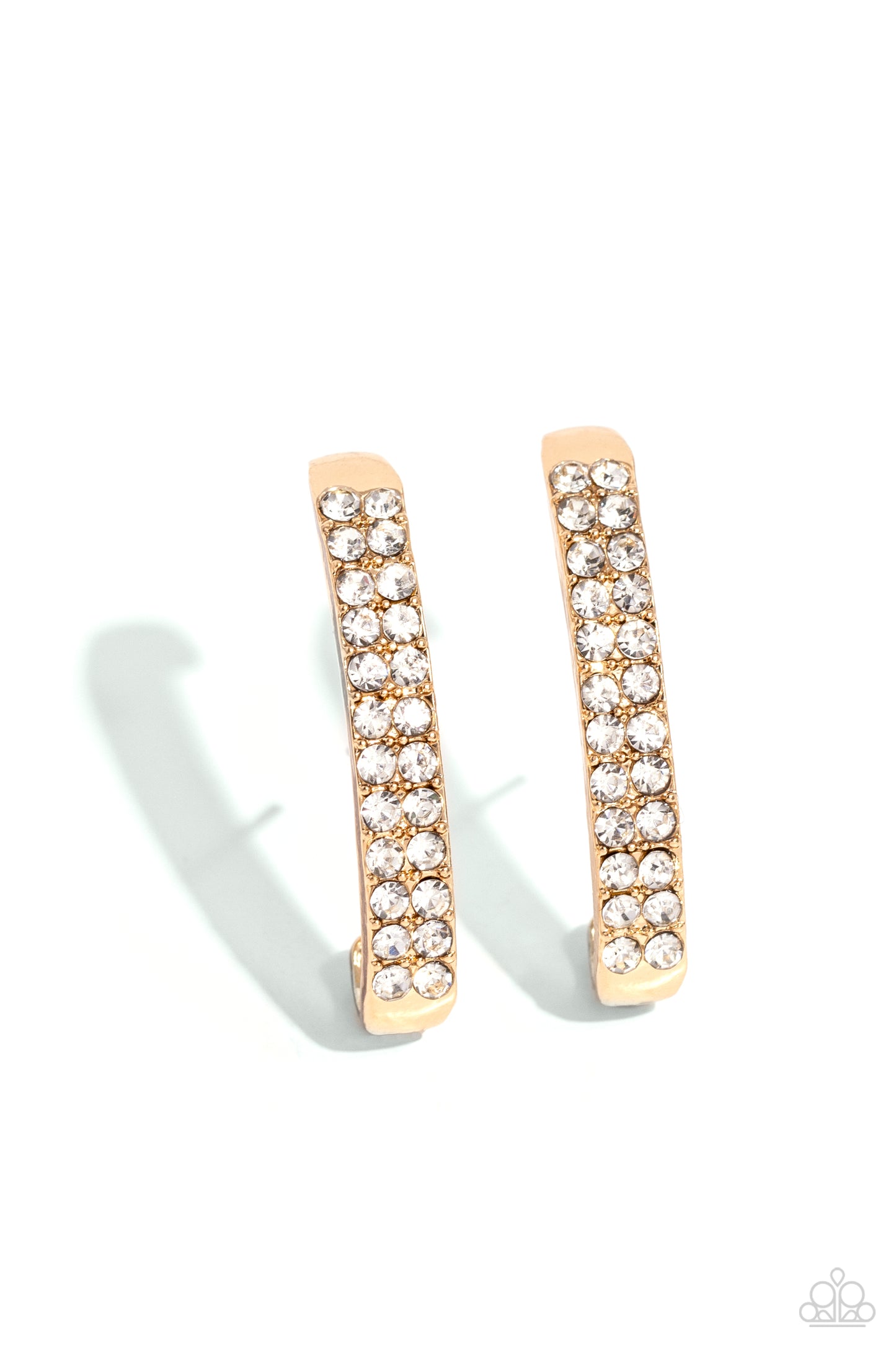 Sliding Series Gold Illusion Post Earring - Paparazzi Accessories  Two rows of glassy white rhinestones are set along the center of a curved gold bar for a refined display of dazzle. Features a sleek surface for sliding ability to desired position on the ear. Due to its structure, adjusting capability is limited.  Sold as one pair of illusion post earrings.  P5PO-IPGD-267XX