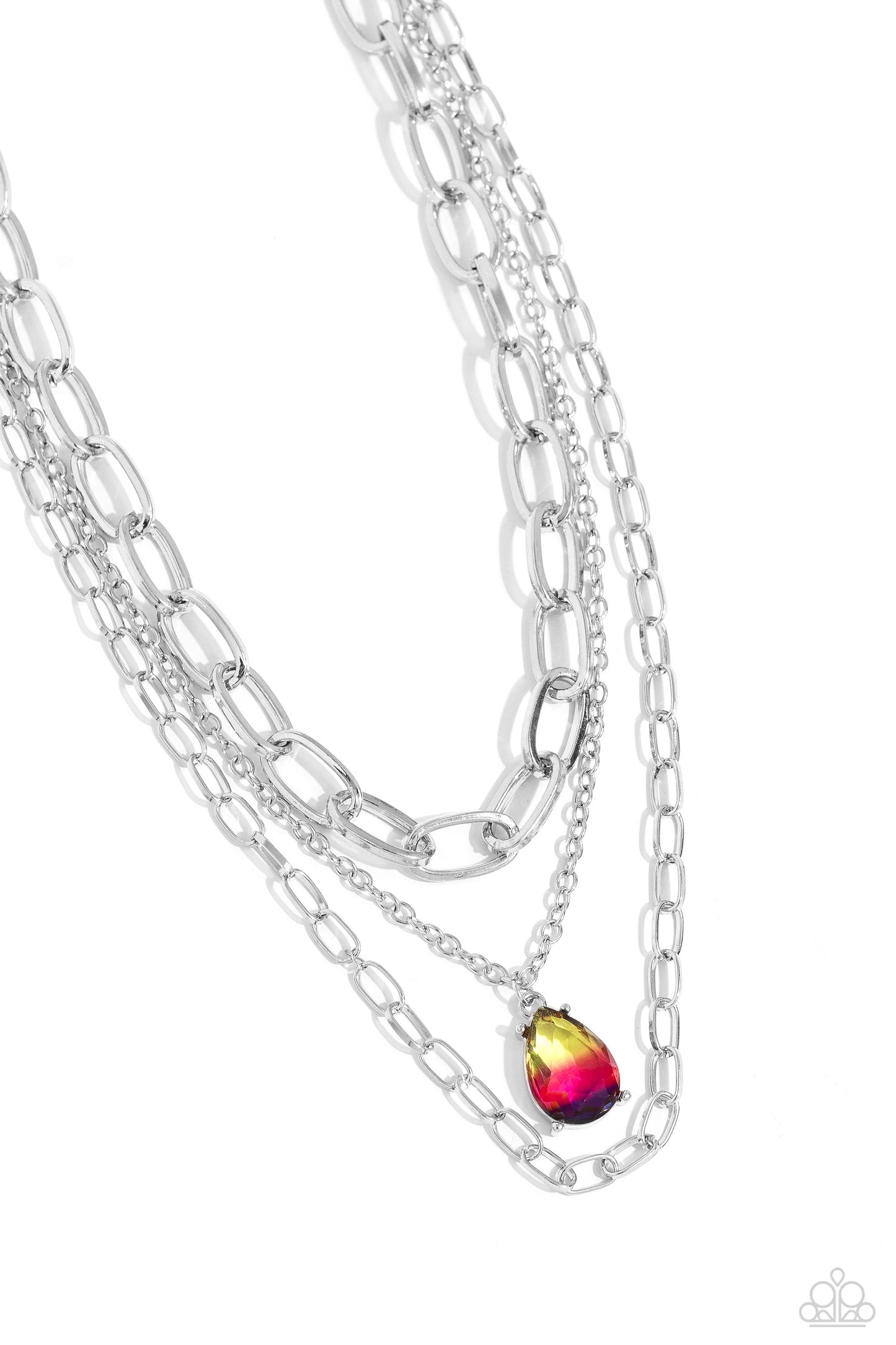 Teardrop Tiers Multi Necklace - Paparazzi Accessories  A trio of mismatched silver chains coalesces down the neckline for a monochromatic masterpiece. Strung on the middle chain, a pronged glassy teardrop with an ombré effect of yellow to pink to purple stands out and reflects light in every direction for a statement finish. Features an adjustable clasp closure.  Sold as one individual choker necklace. Includes one pair of matching earrings.  P2CH-MTXX-046XX