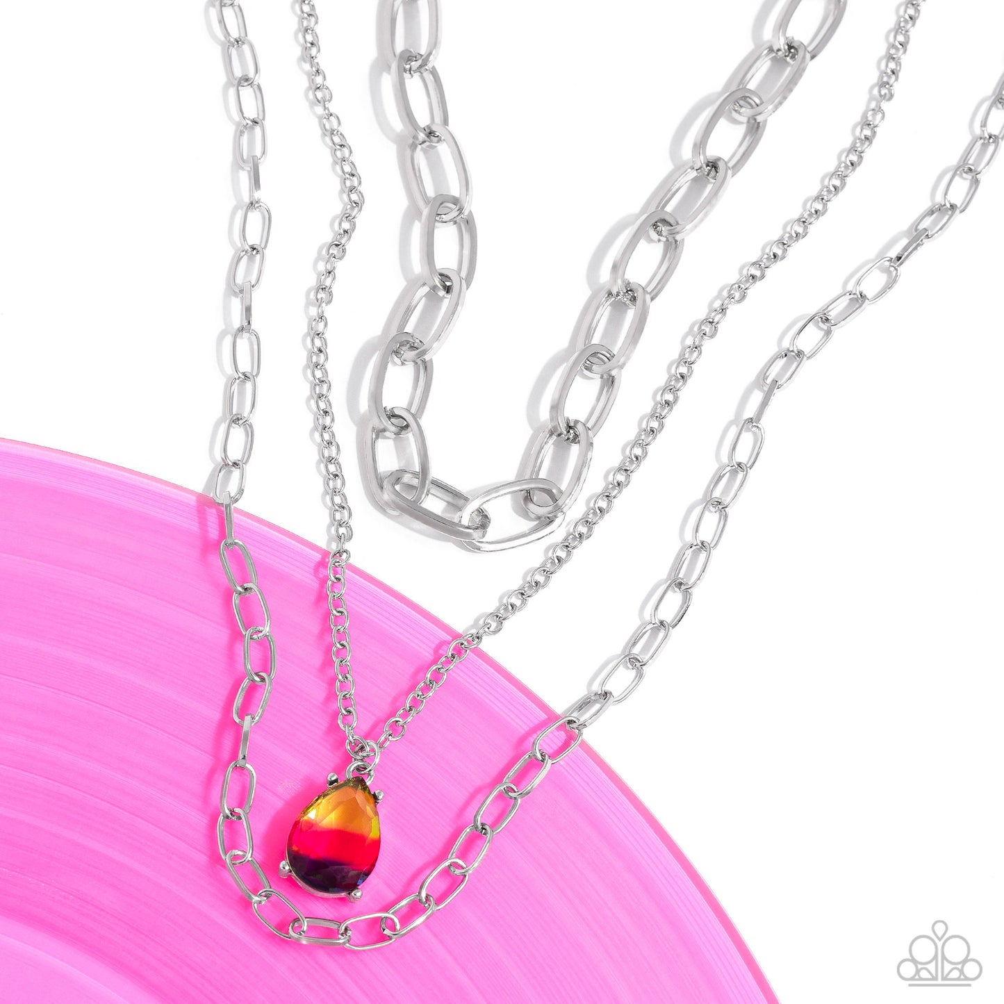 Teardrop Tiers Multi Necklace - Paparazzi Accessories  A trio of mismatched silver chains coalesces down the neckline for a monochromatic masterpiece. Strung on the middle chain, a pronged glassy teardrop with an ombré effect of yellow to pink to purple stands out and reflects light in every direction for a statement finish. Features an adjustable clasp closure.  Sold as one individual choker necklace. Includes one pair of matching earrings.  P2CH-MTXX-046XX
