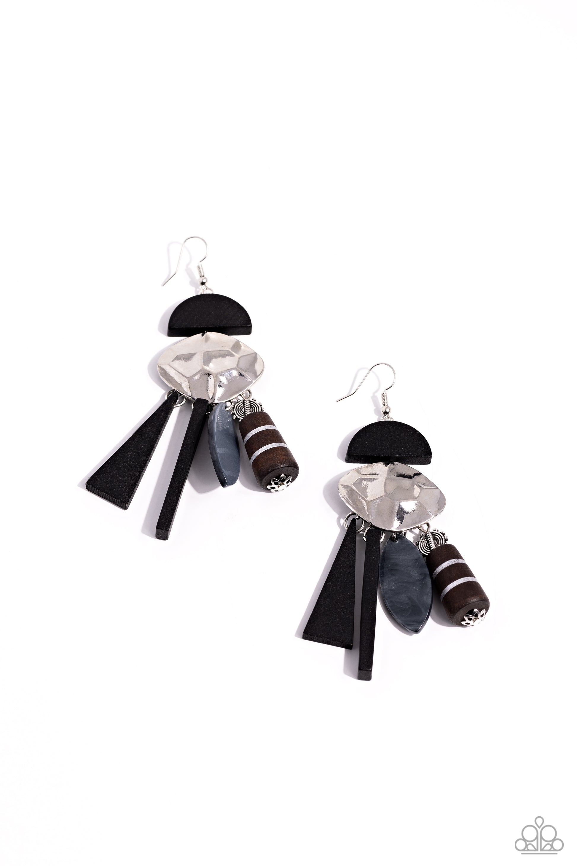 Textured Talisman Black Wooden Earring - Paparazzi Accessories  Featuring a variety of textures, patterns, and sheens, black half-moon and hammered abstract frames stack into an exotic-inspired lure. Textured, striped, shell, acrylic, and wooden accents in mainly black hues dangle from the stacked lure for a trendy fringe. Earring attaches to a standard fishhook fitting.  Sold as one pair of earrings.  Sku:  P5ST-BKXX-074XX