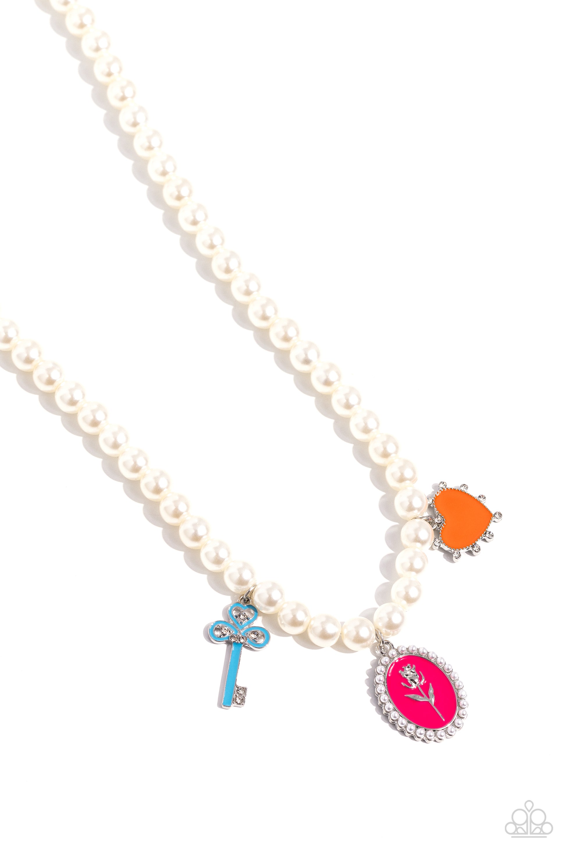Charming Collision Multi Pearl Charm Necklace - Paparazzi Accessories  Infused along an invisible string, a collection of gleaming white pearls coalesces below the collar for a refined display. Featuring white rhinestones and dainty pearl accents, three Pink Peacock, orange, and blue painted charms, including a key, rose pendant, and studded heart, dangle below the pearly display for a girly pop of color. Features an adjustable clasp closure.