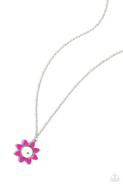 Petals of Inspiration Pink Necklace - Paparazzi Accessories  Set in a clear glass fitting, a mustard seed forms the center of a blossoming hot pink-painted flower for a peaceful, inspirational finish. Features an adjustable clasp closure.  Sold as one individual necklace. Includes one pair of matching earrings.  P2WH-PKXX-484XX