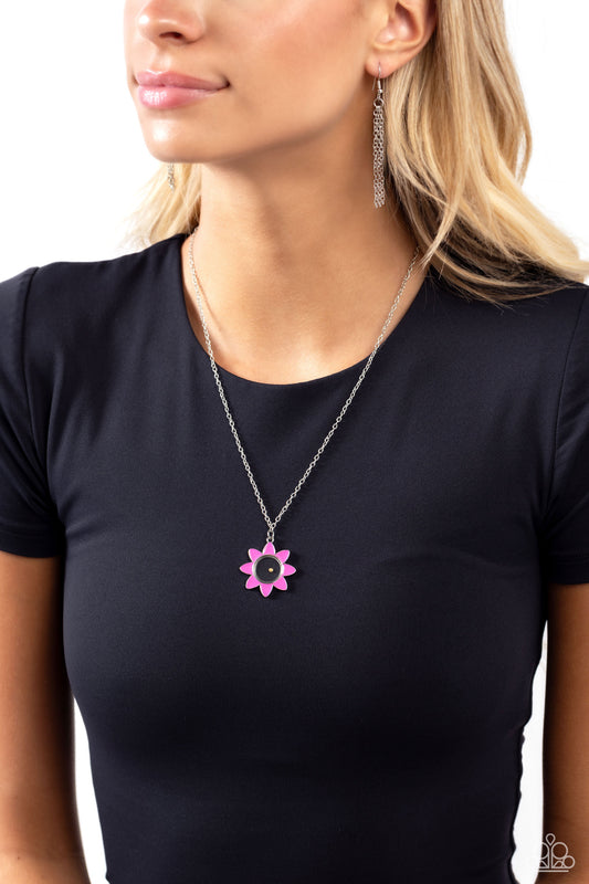 Petals of Inspiration Pink Necklace - Paparazzi Accessories  Set in a clear glass fitting, a mustard seed forms the center of a blossoming hot pink-painted flower for a peaceful, inspirational finish. Features an adjustable clasp closure.  Sold as one individual necklace. Includes one pair of matching earrings.  P2WH-PKXX-484XX