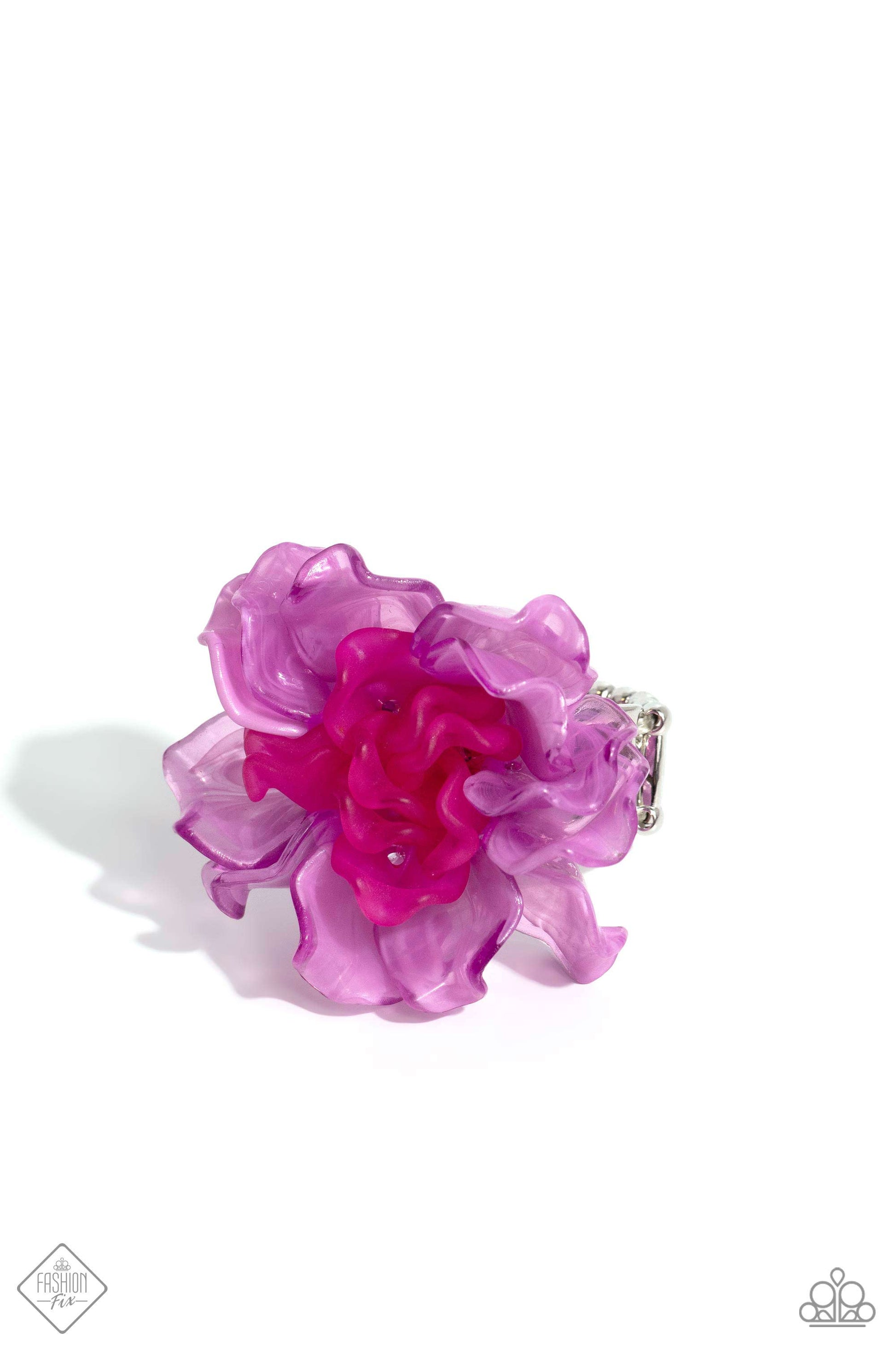 Lush Lotus Pink Ring - Paparazzi Accessories  Rippling in curved textures, cloudy Radiant Orchid petals bloom from a daintier collection of matte Viva Magenta petals atop airy silver bands for a whimsical, oversized display. Features a stretchy band for a flexible fit.  Sold as one individual ring.  Sku:  P4WH-PKXX-258SB
