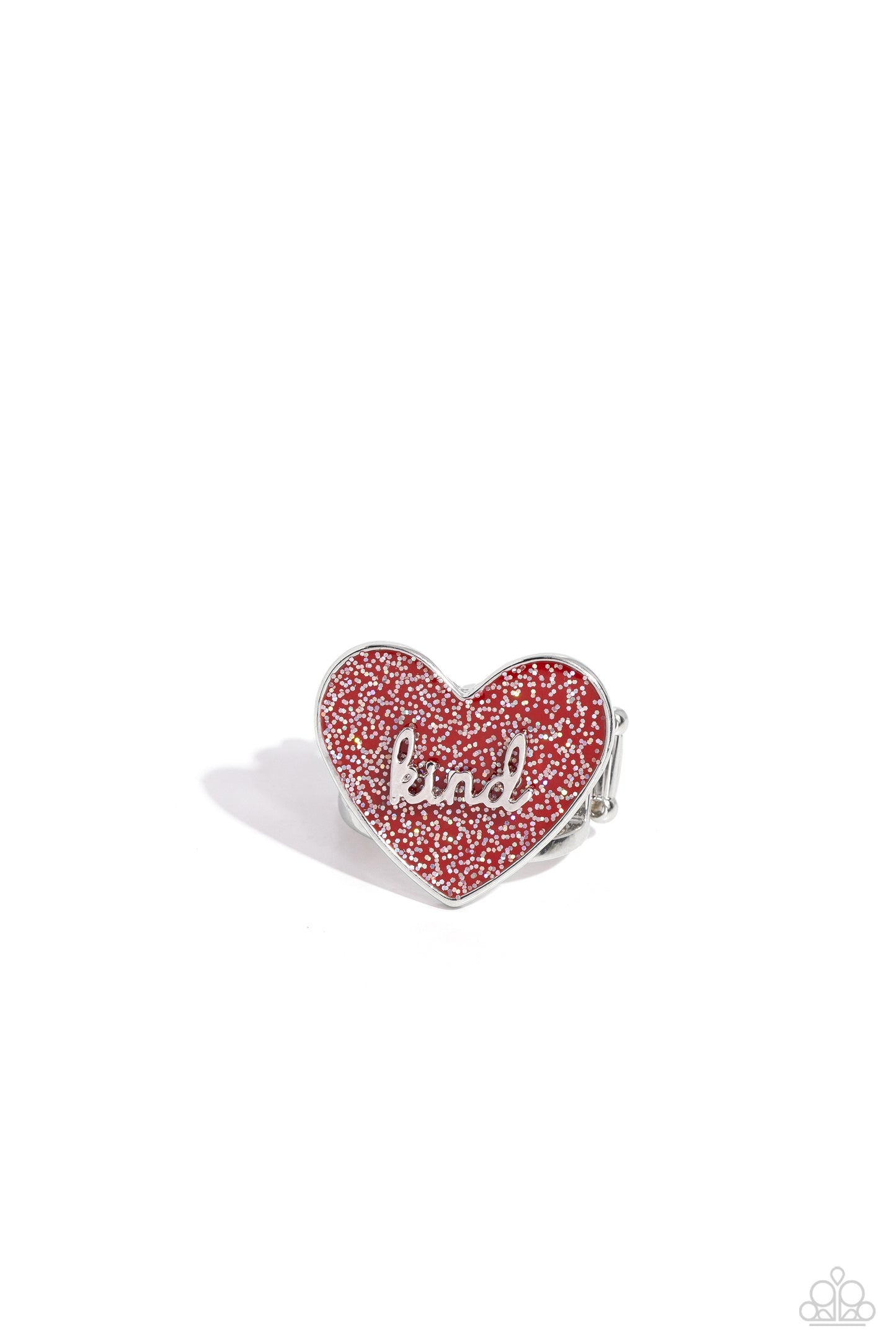 Compassionate Couture Red Ring - Paparazzi Accessories  Brushed in a glittery iridescent finish, a red heart frame rests atop airy silver bands for a retro glamorous look. The word "kind" is centered atop the heart frame for an optimistic finish. Features a stretchy band for a flexible fit.  Sold as one individual ring.  P4WD-RDXX-063XX