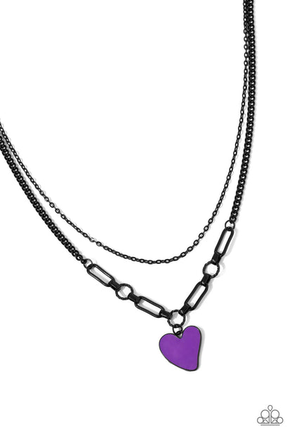 Carefree Confidence Purple Heart Necklace - Paparazzi Accessories  A black-painted dainty chain is layered with a classic black-painted chain with abstract textured and paperclip chain links, finishing off the center of the design. An abstract purple-painted heart dangles from the lowermost chain, creating a charming collision of youthfulness and grit as they lay along the collar. Features an adjustable clasp closure.  Sold as one individual necklace. Includes one pair of matching earrings.  P2WH-PRXX-447XX