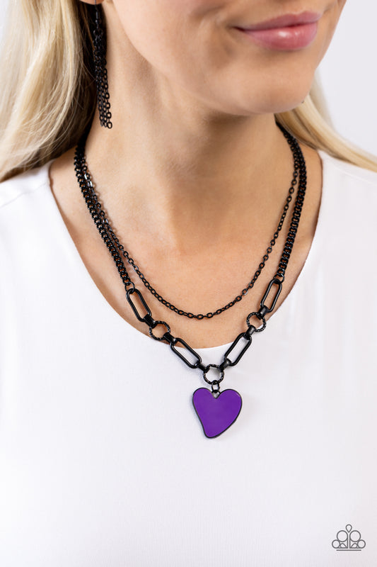 Carefree Confidence Purple Heart Necklace - Paparazzi Accessories  A black-painted dainty chain is layered with a classic black-painted chain with abstract textured and paperclip chain links, finishing off the center of the design. An abstract purple-painted heart dangles from the lowermost chain, creating a charming collision of youthfulness and grit as they lay along the collar. Features an adjustable clasp closure.  Sold as one individual necklace. Includes one pair of matching earrings.  P2WH-PRXX-447XX
