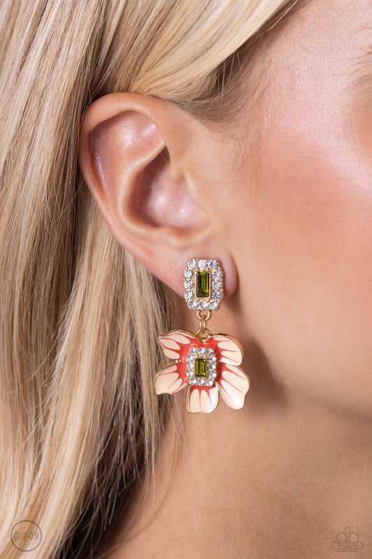 Colorful Clippings Green Clip-On Earring - Paparazzi Accessories  Featuring a green gem center, a Tender Peach, and Burnt Sienna-accented flower blooms from an emerald-cut fitting encrusted in a border of white rhinestones. The colorful flower is suspended from a similar emerald-cut glitzy pendant for a classic finish. Earring attaches to a standard clip-on fitting.  Featured inside The Preview at Made for More!  Sold as one pair of clip-on earrings.  P5CO-GRXX-022XX