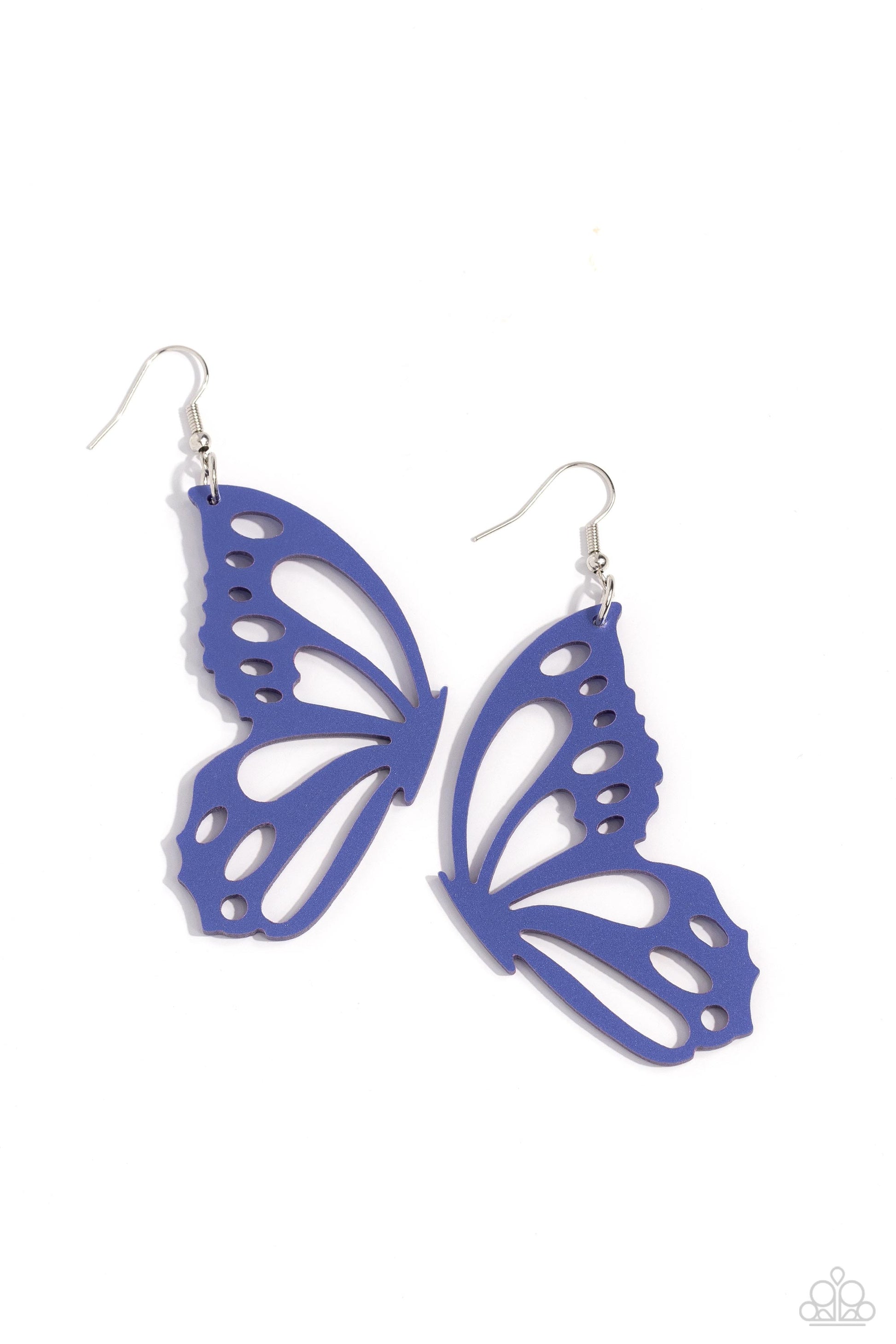 WING of the World Blue Butterfly Earring - Paparazzi Accessories  Splashed in a metallic Persian Jewel hue, an oversized butterfly wing with airy cutout details dangles from the ear, creating a whimsically colorful sight. Earring attaches to a standard fishhook fitting.  Sold as one pair of earrings.  Sku:  P5WH-BLXX-269XX