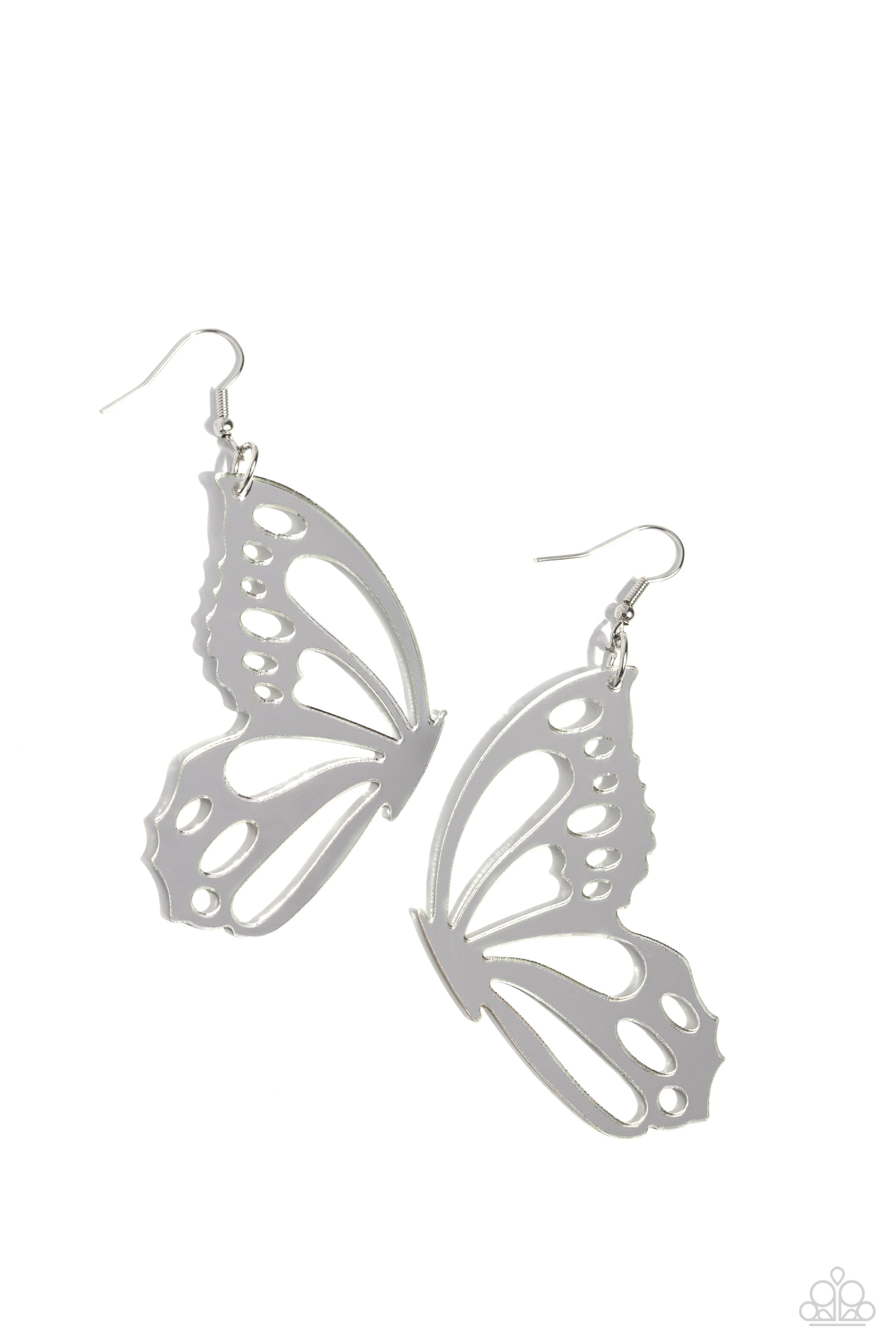 WING of the World Silver Butterfly Earring - Paparazzi Accessories  Splashed in a metallic silver hue, an oversized butterfly wing with airy cutout details dangles from the ear, creating a whimsically colorful sight. Earring attaches to a standard fishhook fitting.  Sold as one pair of earrings.  P5WH-SVXX-281XX