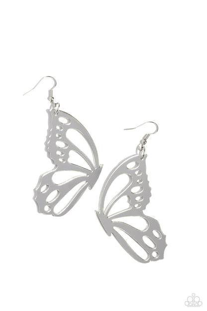 WING of the World Silver Butterfly Earring - Paparazzi Accessories  Splashed in a metallic silver hue, an oversized butterfly wing with airy cutout details dangles from the ear, creating a whimsically colorful sight. Earring attaches to a standard fishhook fitting.  Sold as one pair of earrings.  P5WH-SVXX-281XX