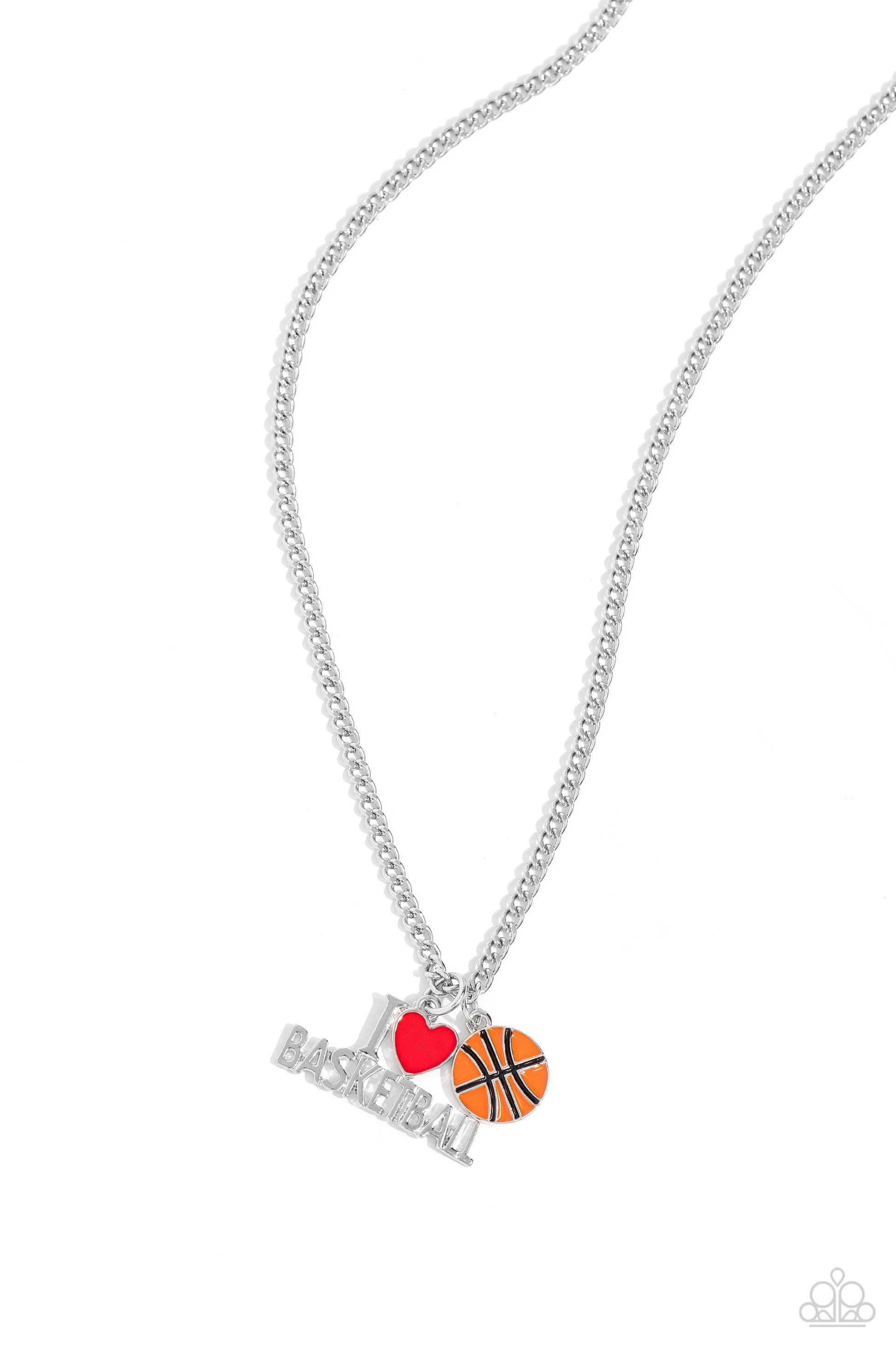 Making Buckets Orange Basketball Necklace - Paparazzi Accessories  Dangling along a classic silver chain, a charm spelling out "I [Heart] Basketball" with a red-painted heart charm rests along the neckline. Infused along the chain, an orange basketball charm adds a sporty finish to the design. Features an adjustable clasp closure.  Sold as one individual necklace. Includes one pair of matching earrings.  P2WH-OGXX-272XX