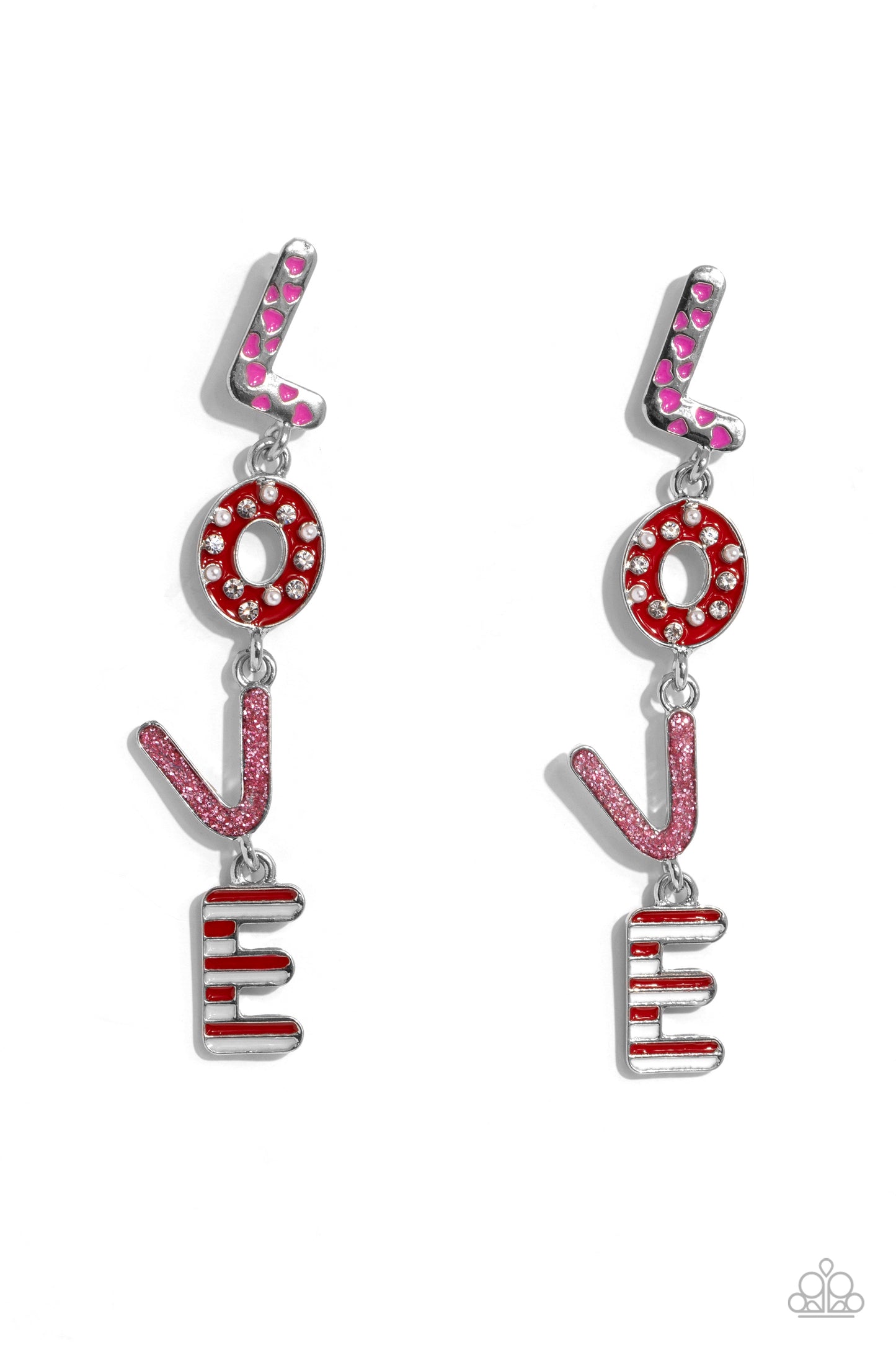 Admirable Assortment Pink Love Post Earring - Paparazzi Accessories Silver letters with various Valentine's-inspired details spell out the word "LOVE" as they vertically cascade down the ear in a flattering finish. SKU: P5PO-PKXX-112S 