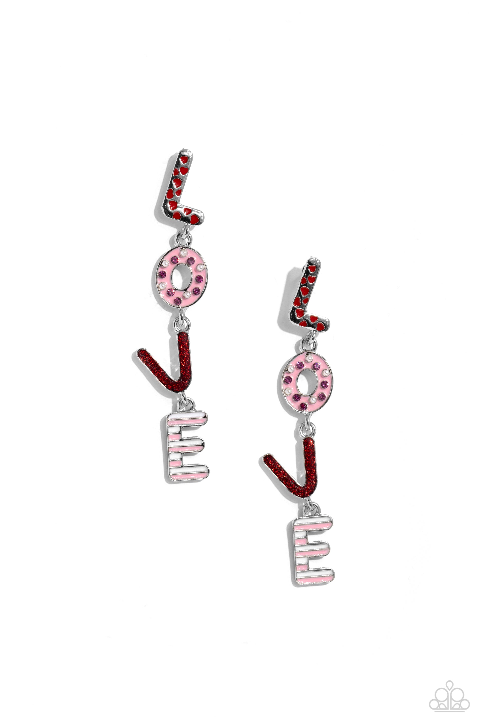 Admirable Assortment Red Love Post Earring - Paparazzi Accessories  Silver letters with various Valentine's-inspired details spell out the word "LOVE" as they vertically cascade down the ear in a flattering finish. The "L" features red-painted hearts, the "O" features a baby pink background with fuchsia rhinestones and dainty white pearls, the "V" features a red glitter backdrop, and the "E" features stripes of white and baby pink. 