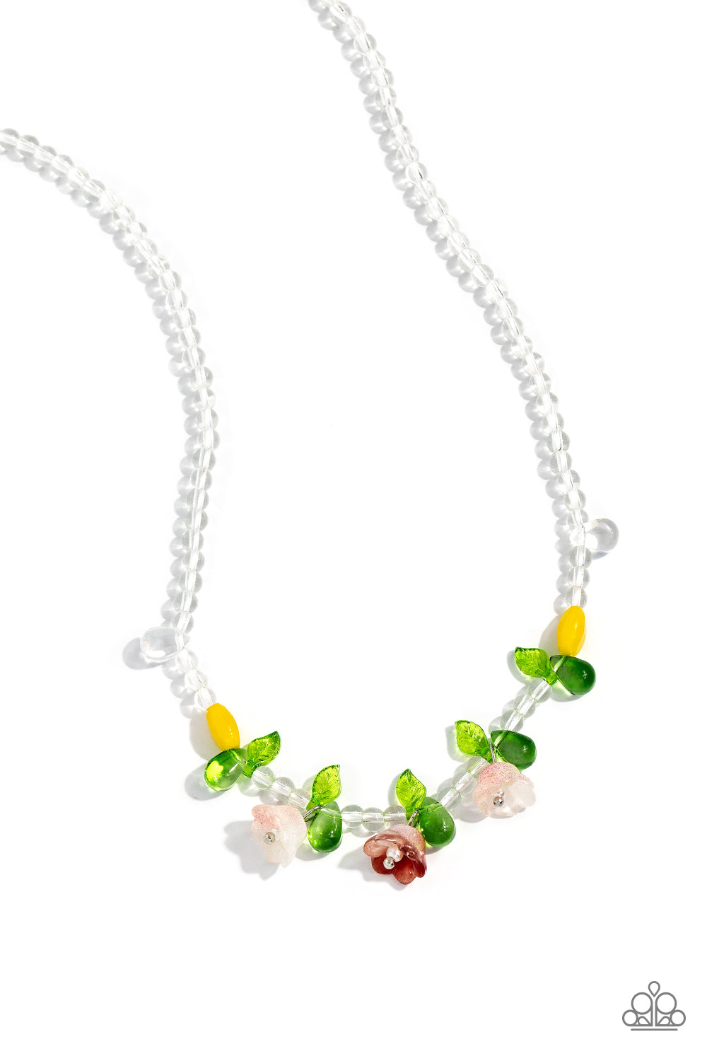 World GLASS Wonder Orange Necklace - Paparazzi Accessories  A spring-inspired collection of glassy Tender Peach and Burnt Sienna three-dimensional flowers, glassy green teardrop beads, faceted lemon beads, and glassy, textured green leaves are infused along a strand of shimmery clear beads through an invisible wire, creating a whimsical display. Features an adjustable clasp closure.  Sold as one individual necklace. Includes one pair of matching earrings.  P2DA-OGXX-082XX