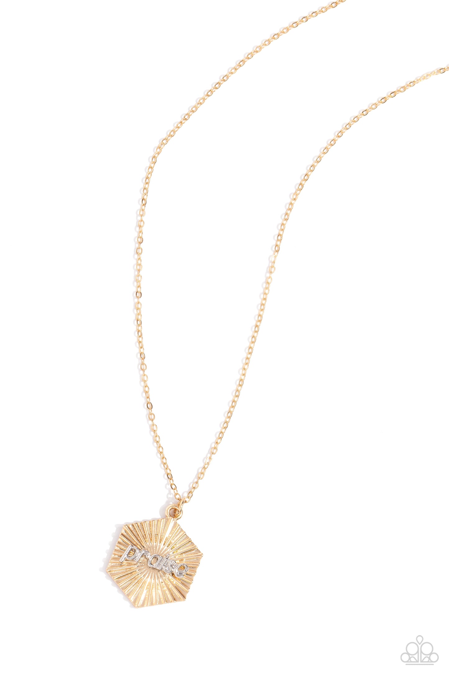 Turn of PRAISE Gold Inspirational Necklace - Paparazzi Accessories  Crinkled with texture, a gold hexagon radiates as it delicately falls from a dainty gold chain for a stunning metallic design. The silver word "praise" rests atop the golden folds for a religious-inspired finish. Features an adjustable clasp closure.  Sold as one individual necklace. Includes one pair of matching earrings.  P2WD-GDXX-329XX