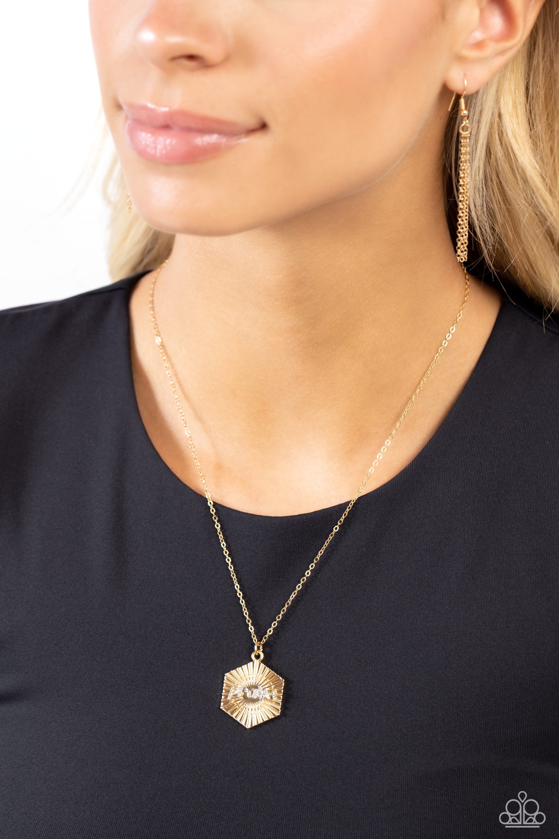 Turn of PRAISE Gold Inspirational Necklace - Paparazzi Accessories  Crinkled with texture, a gold hexagon radiates as it delicately falls from a dainty gold chain for a stunning metallic design. The silver word "praise" rests atop the golden folds for a religious-inspired finish. Features an adjustable clasp closure.  Sold as one individual necklace. Includes one pair of matching earrings.  P2WD-GDXX-329XX