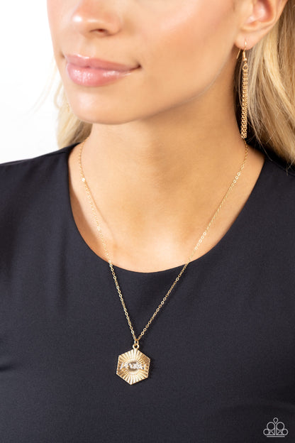 Turn of PRAISE Gold Inspirational Necklace - Paparazzi Accessories  Crinkled with texture, a gold hexagon radiates as it delicately falls from a dainty gold chain for a stunning metallic design. The silver word "praise" rests atop the golden folds for a religious-inspired finish. Features an adjustable clasp closure.  Sold as one individual necklace. Includes one pair of matching earrings.  P2WD-GDXX-329XX