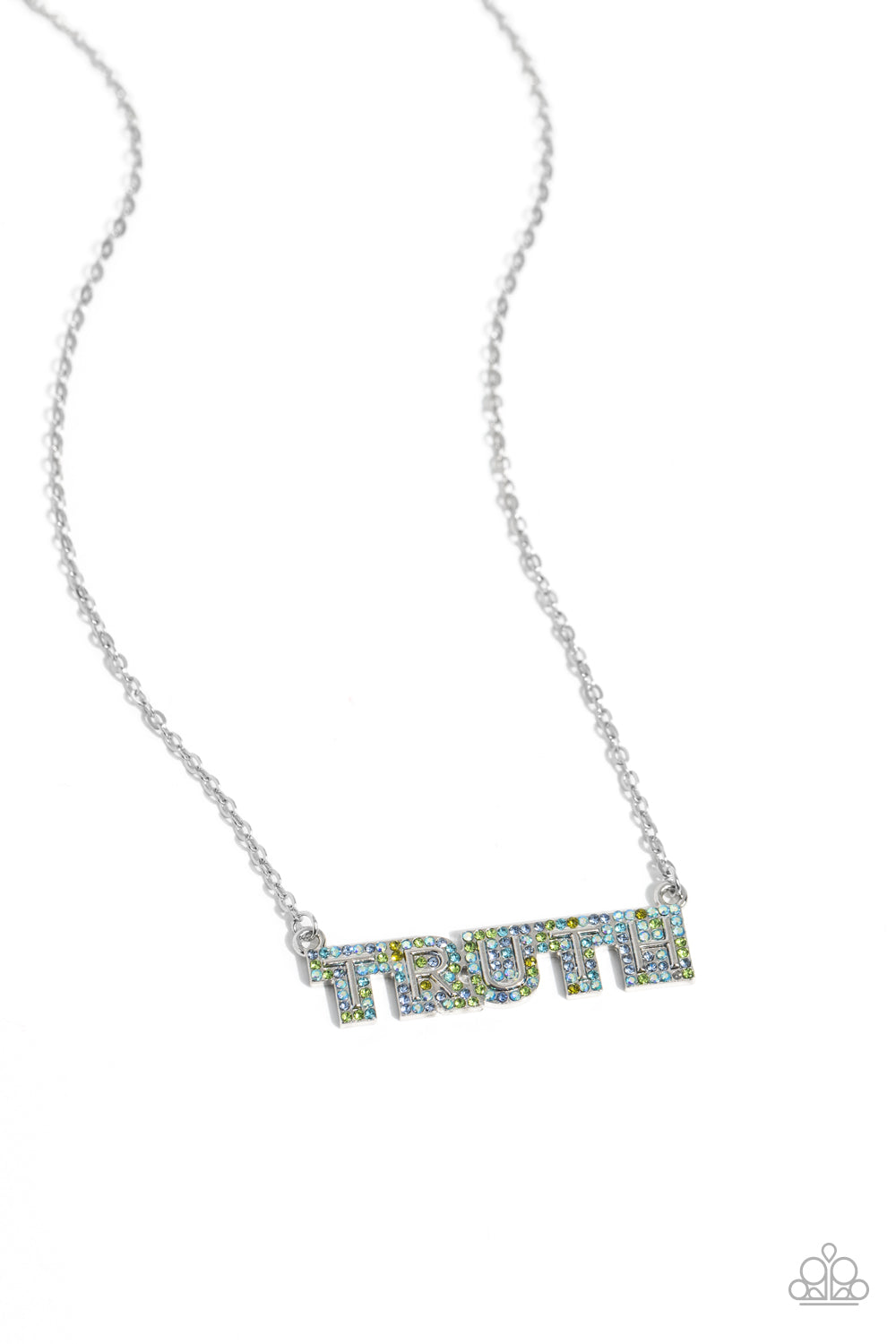 Truth Trinket Blue Necklace - Paparazzi Accessories  Encrusted in glassy olive, Montana, aquamarine, and blue iridescent rhinestones, the silver word "TRUTH" connects to a dainty silver chain, creating an inspirational pendant below the collar. Features an adjustable clasp closure. Due to its prismatic palette, color may vary.  Sold as one individual necklace. Includes one pair of matching earrings.  P2WD-BLXX-199XX