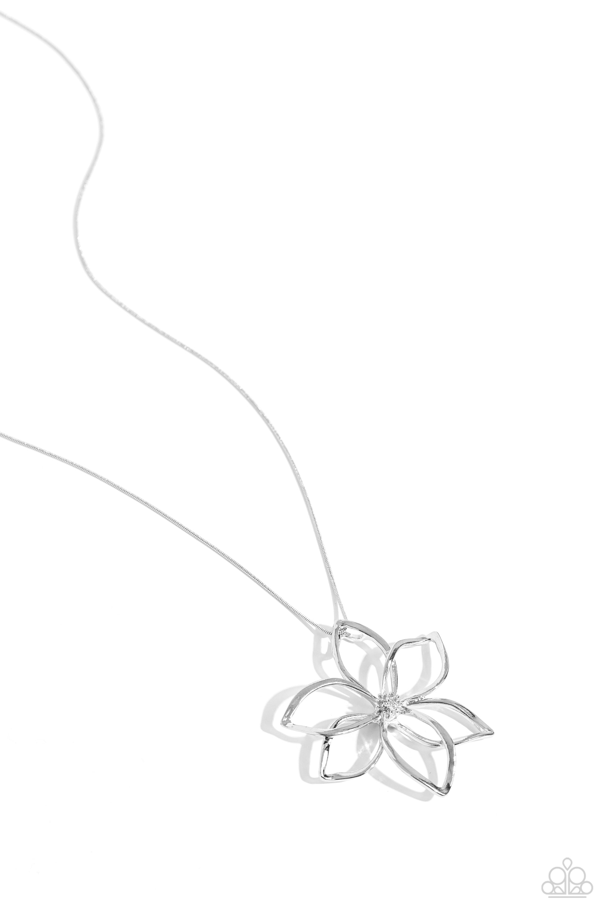 Flowering Fame Silver Flower Necklace - Paparazzi Accessories  Gliding from an elongated silver snake chain, airy silver petals layer and flare out from a silver stud-embellished center to create a whimsically dainty flower. Features an adjustable clasp closure.  Sold as one individual necklace. Includes one pair of matching earrings.  Sku:  P2WH-SVXX-378XX