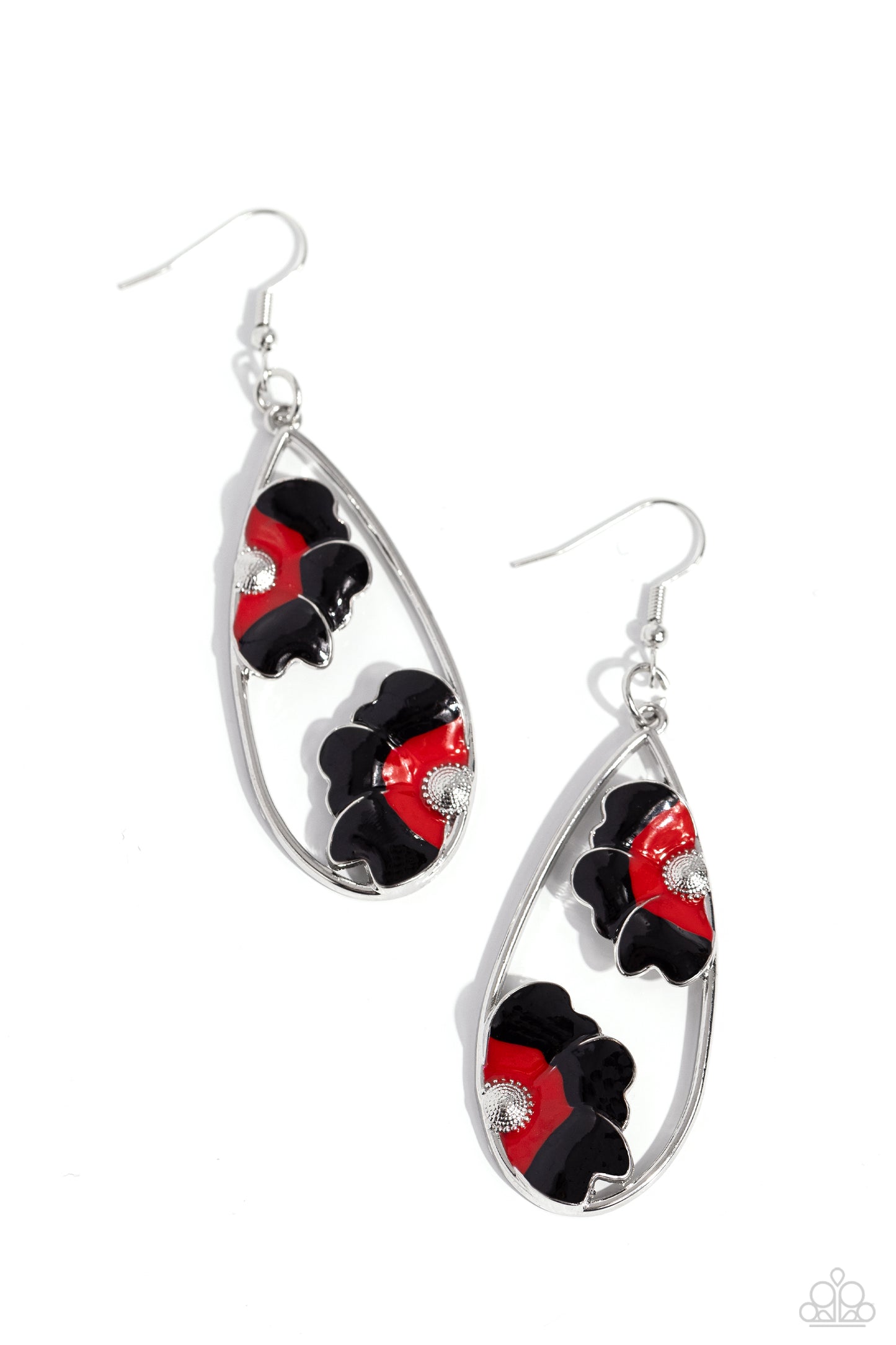 Airily Abloom Black Earring - Paparazzi Accessories  A duo of 3D, textured, red-to-black petals blooms from silver studded centers assembling inside an airy silver teardrop for a whimsical statement. Earring attaches to a standard fishhook fitting.  Sold as one pair of earrings.  Sku:  P5WH-BKXX-240XX