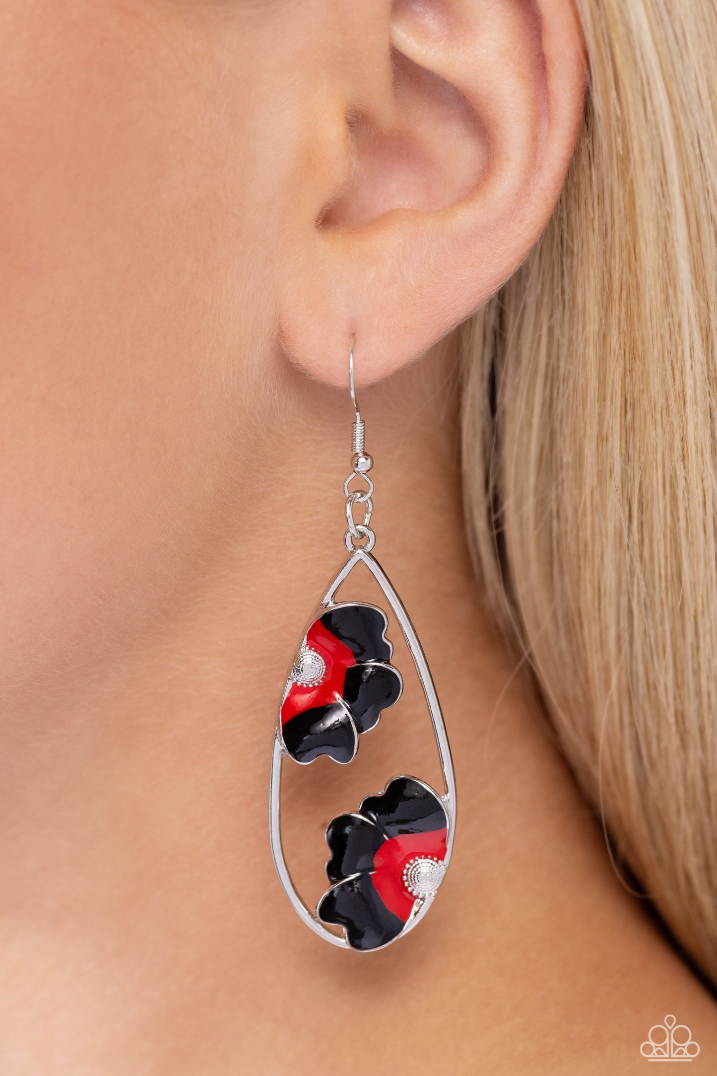 Airily Abloom Black Earring - Paparazzi Accessories  A duo of 3D, textured, red-to-black petals blooms from silver studded centers assembling inside an airy silver teardrop for a whimsical statement. Earring attaches to a standard fishhook fitting.  Sold as one pair of earrings.  Sku:  P5WH-BKXX-240XX