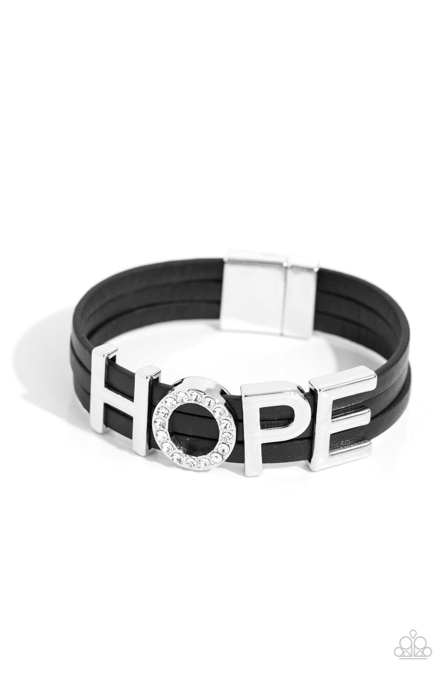 Hopeful Haute Black Wrap Bracelet - Paparazzi Accessories  Threaded along layers of black leather strands, glistening silver letters form the word "HOPE" with the "O" embossed in white rhinestones for a dazzling statement. Features a magnetic closure.  Sold as one individual bracelet.  SKU: P9SE-BKXX-345XX