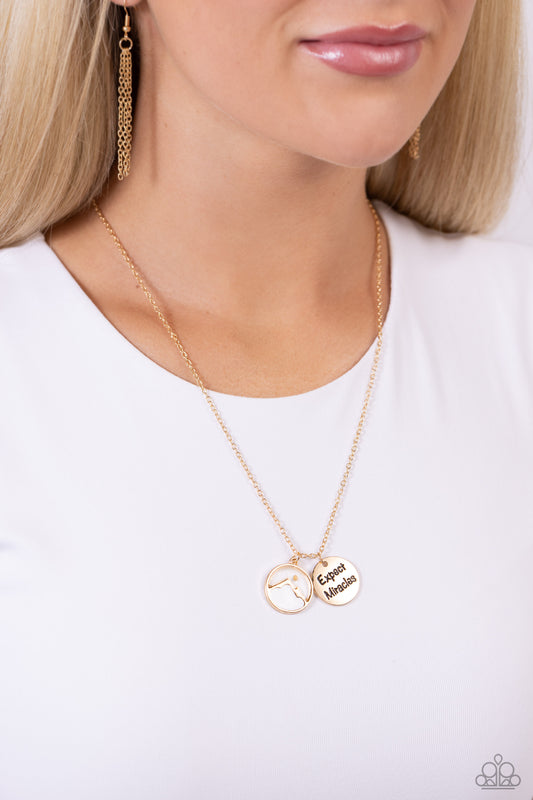 Expect Miracles Gold Inspirational Necklace - Paparazzi Accessories  Gliding along a glistening gold chain, a gold pendant with the phrase "Expect Miracles" layers next to a gold mountain-outlined pendant with a white-painted cloud atop it. A mustard seed, encased in a clear case over the mountain shape forms a moon for an inspirational finish. Features an adjustable clasp closure.  Sold as one individual necklace. Includes one pair of matching earrings.  Sku:  P2WD-GDXX-330XX