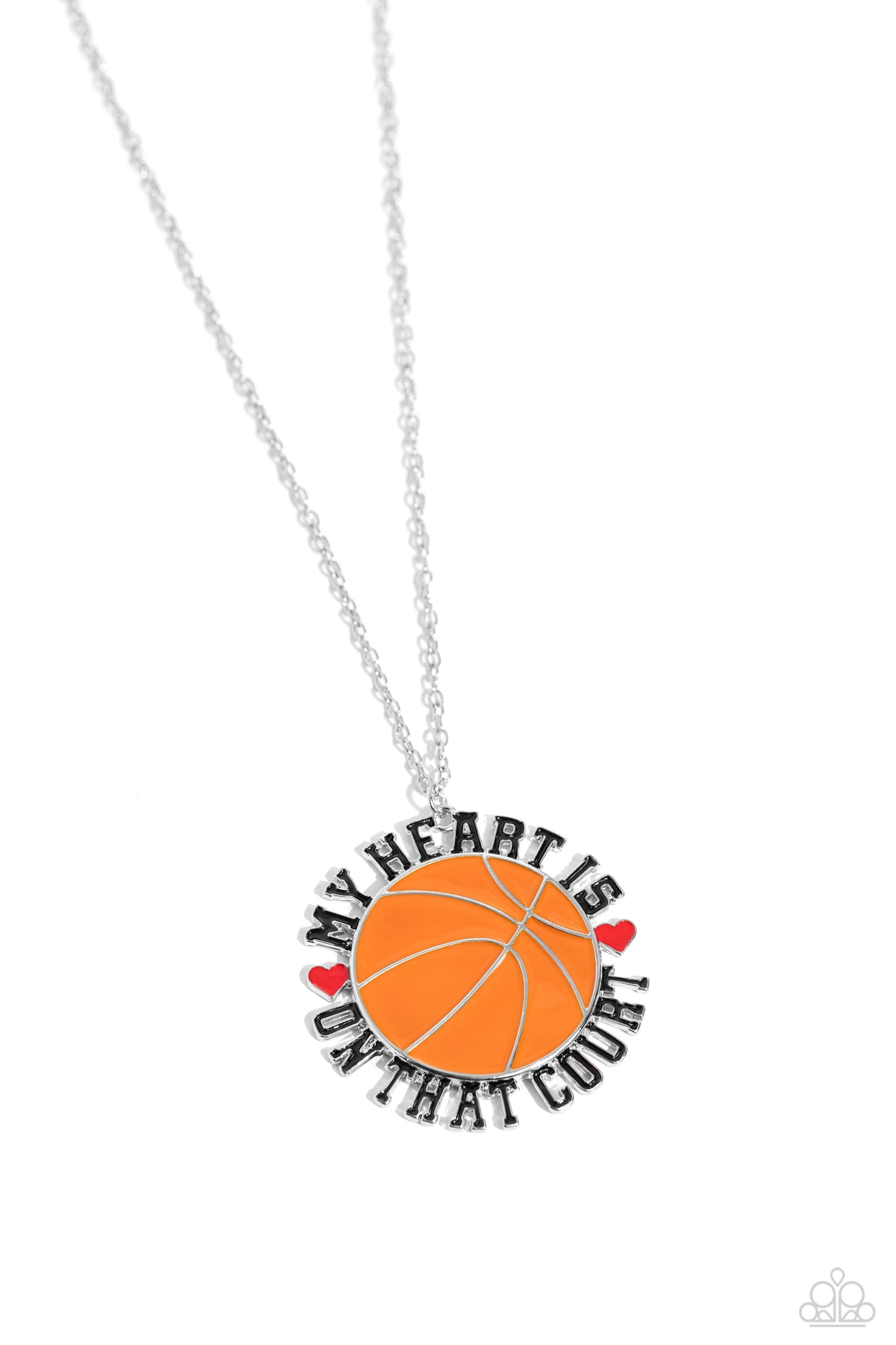 Courting Courtside Orange Basketball Necklace - Paparazzi Accessories  Dangling from an extended dainty silver chain, an oversized orange-painted basketball pendant features the phrase "My Heart is on that Court" in all caps and black lettering as it wraps around the ball. Red-painted hearts separate "My heart is" from "on that Court" for a sport-loving-inspired finish. Features an adjustable clasp closure.  Sold as one individual necklace. Includes one pair of matching earrings.  P2WD-OGXX-084XX