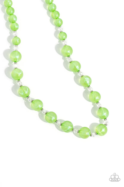 Timelessly Tantalizing Green Necklace - Paparazzi Accessories  Infused with dainty silver accents and faceted clear beads, a collection of Kohlrabi opalescent beads, brushed in an iridescent shimmer are threaded along an invisible wire below the collar for a timeless look. Features an adjustable clasp closure. Due to its prismatic palette, color may vary.  Sold as one individual necklace. Includes one pair of matching earrings.  Sku:  P2WH-GRXX-399XX