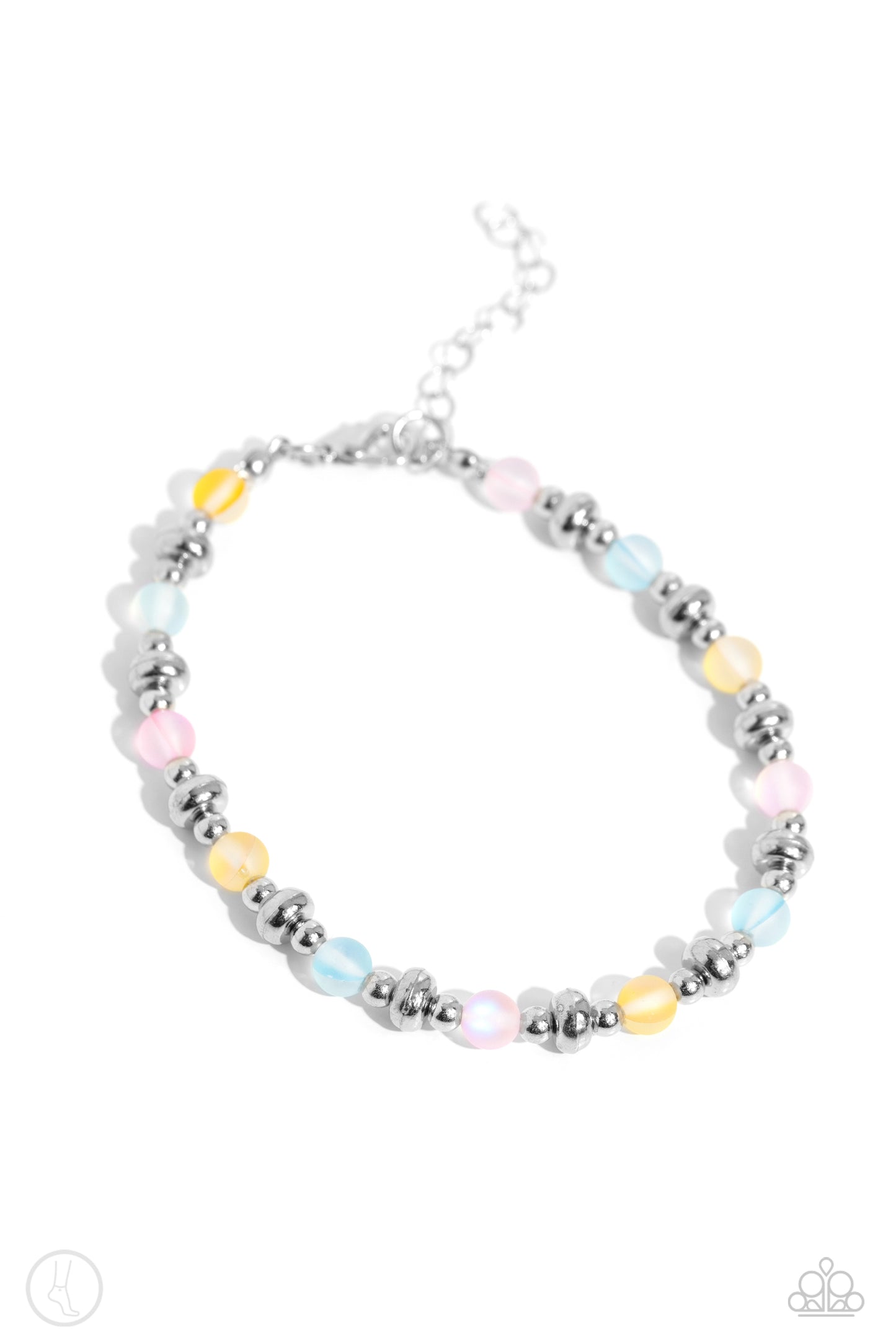 DEW or Die Multi Clasp Anklet - Paparazzi Accessories  Infused with dainty silver accents, a collection of blue, yellow, and pink reflective beads are threaded along an invisible band around the ankle for a seasonal finish.  Sold as one individual anklet.  SKU:P9AN-MTXX-049XX