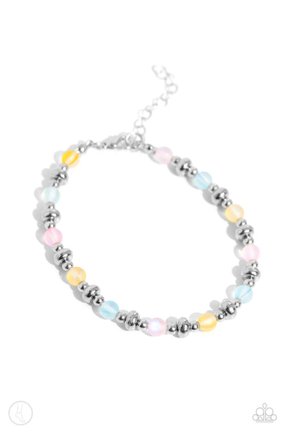 DEW or Die Multi Clasp Anklet - Paparazzi Accessories  Infused with dainty silver accents, a collection of blue, yellow, and pink reflective beads are threaded along an invisible band around the ankle for a seasonal finish.  Sold as one individual anklet.  SKU:P9AN-MTXX-049XX