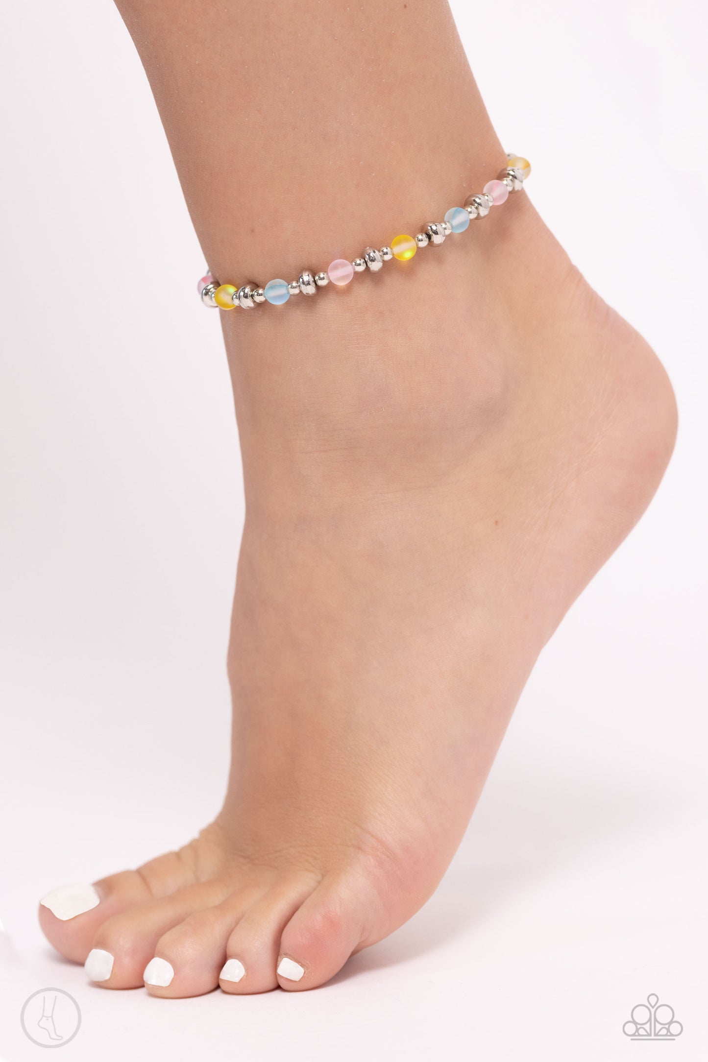 DEW or Die Multi Clasp Anklet - Paparazzi Accessories  Infused with dainty silver accents, a collection of blue, yellow, and pink reflective beads are threaded along an invisible band around the ankle for a seasonal finish.  Sold as one individual anklet.  SKU: P9AN-MTXX-049XX