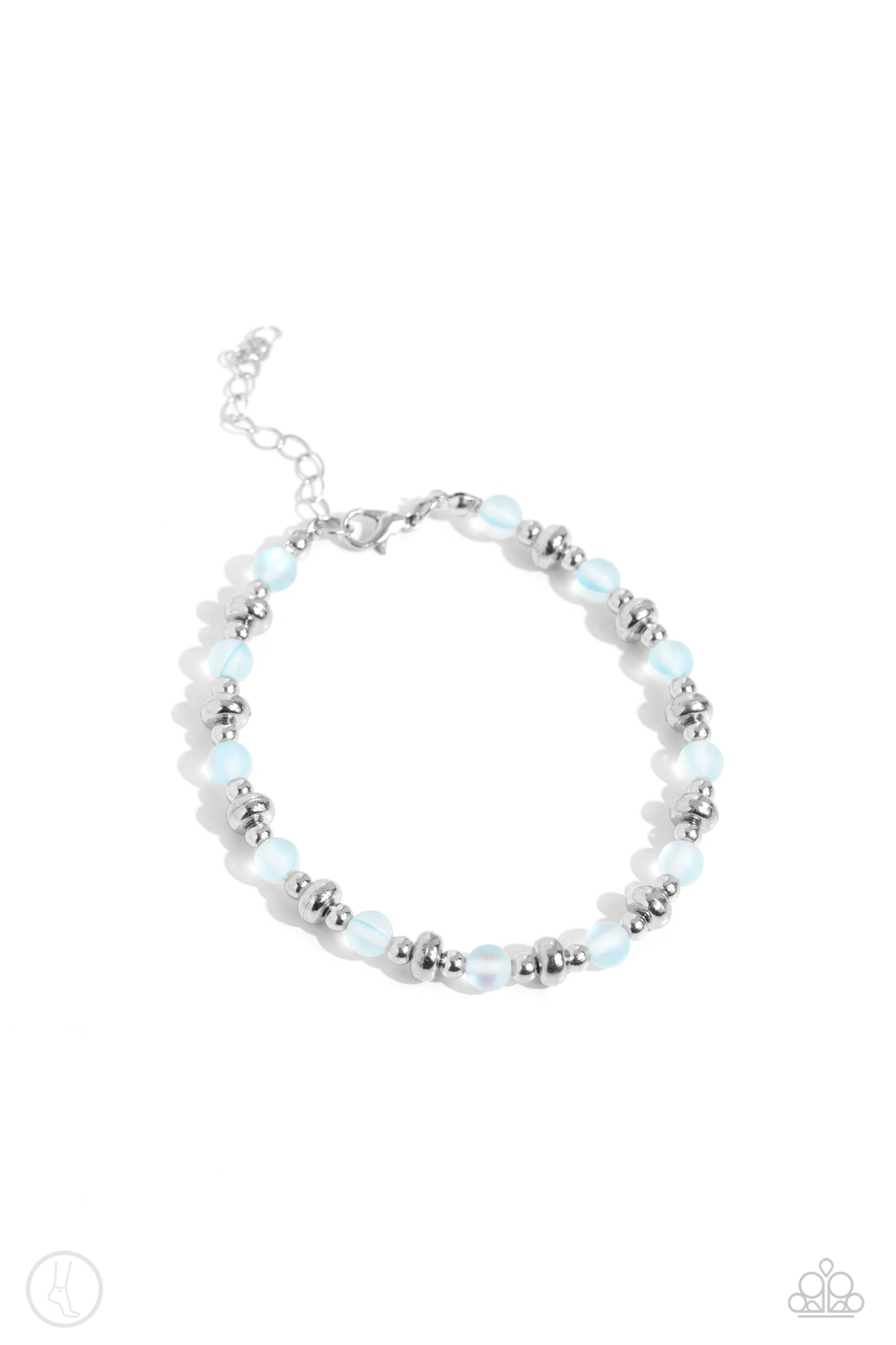 DEW or Die Blue Anklet - Paparazzi Accessories Infused with dainty silver accents, a collection of blue reflective beads are threaded along an invisible band around the ankle for a seasonal finish. Sold as one individual anklet. SKU: P9AN-BLXX-042XX