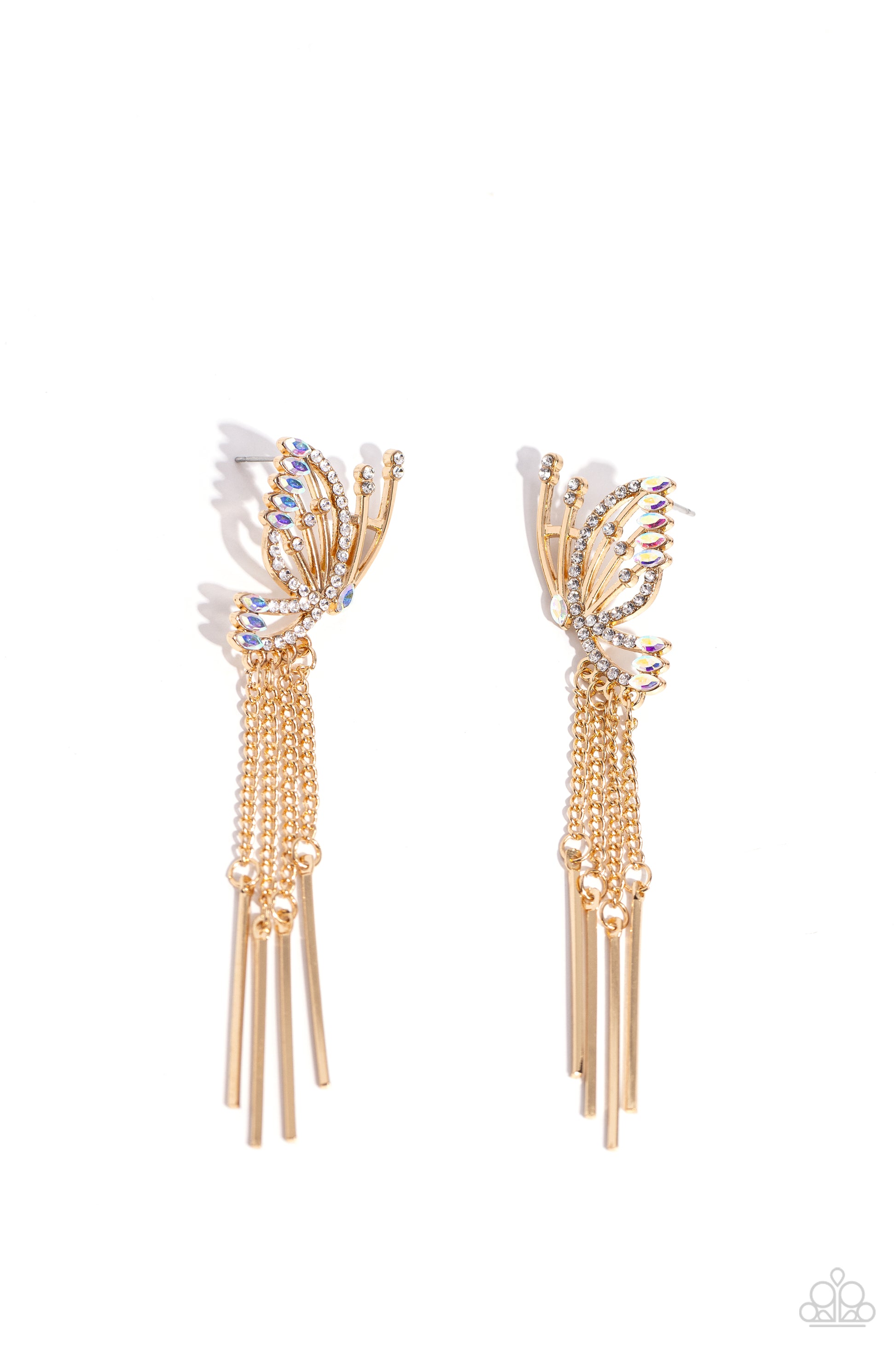A Few Of My Favorite WINGS Gold Butterfly Post Earring - Paparazzi Accessories  Featuring dainty white rhinestones and dainty marquise-cut iridescent gems, a thin, elongated, airy gold butterfly is titled to the side as if about to take off in flight. A collection of dainty gold rods swings from dainty gold chain tassels at the bottom of the whimsical frame for some free-falling movement. Earring attaches to a standard post fitting. Due to its prismatic palette, color may vary.
