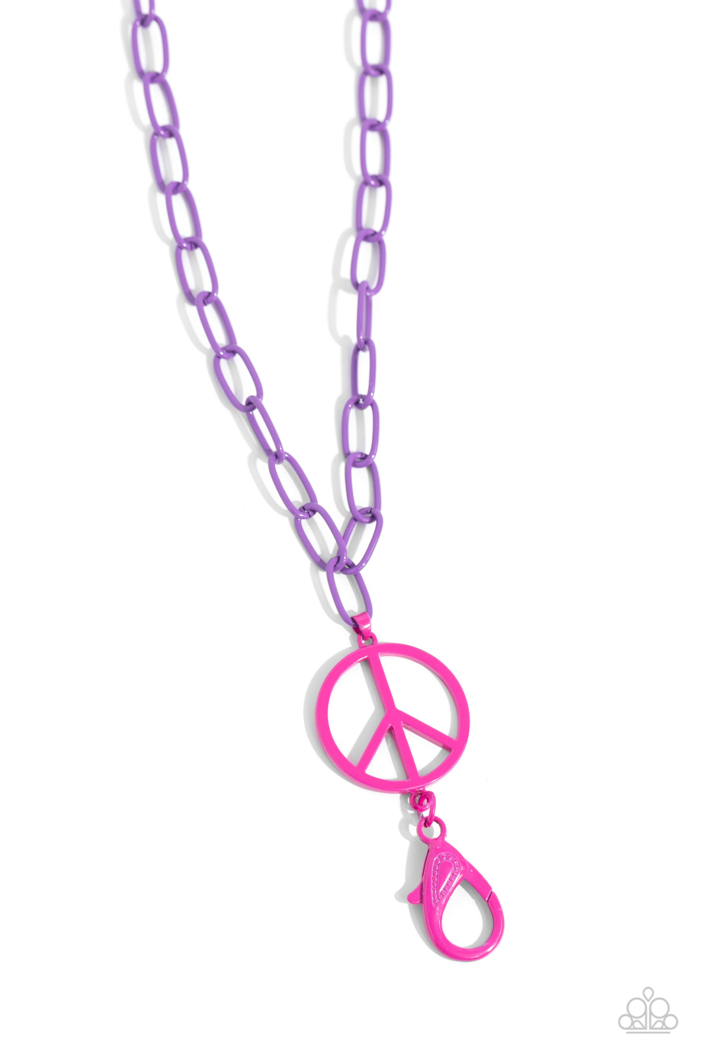 Tranquil Unity Purple Peace Sign Lanyard - Paparazzi Accessories  Featuring a hot pink hue, a peace sign dangles from a purple-painted paperclip chain for a groovy pop of color along the chest. A hot pink lobster clasp hangs from the bottom of the design to allow a name badge or other item to be attached. Features an adjustable clasp closure.  Sold as one individual lanyard. Includes one pair of matching earrings.  Sku:  P2LN-PRXX-025XX